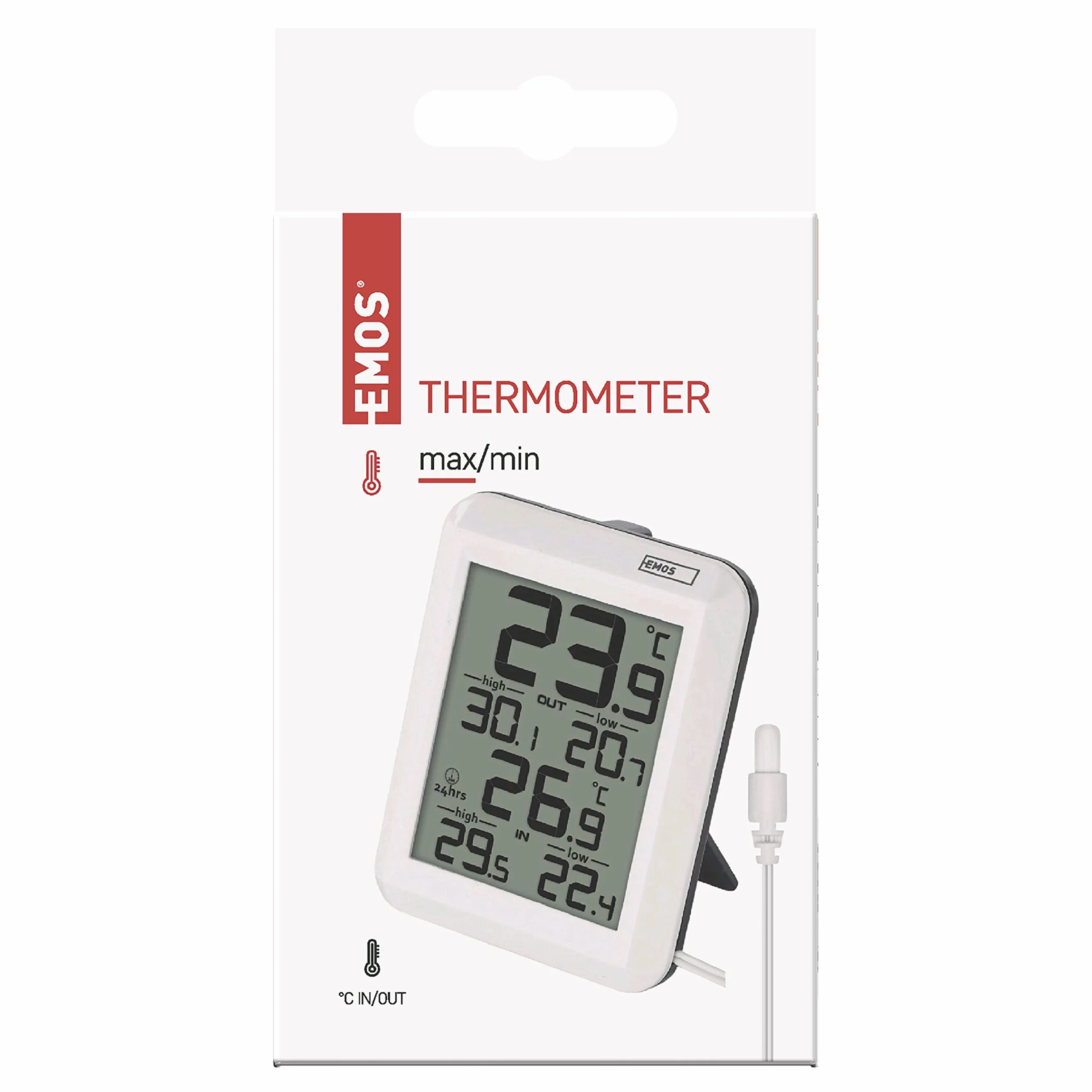 EMOS Cyfrowy termometr, termometr zewnętrzny/wewnętrzny z czujnikiem kabla 0,9 m i funkcją pamięci 24 h, °C/°F, zasilany bateriami