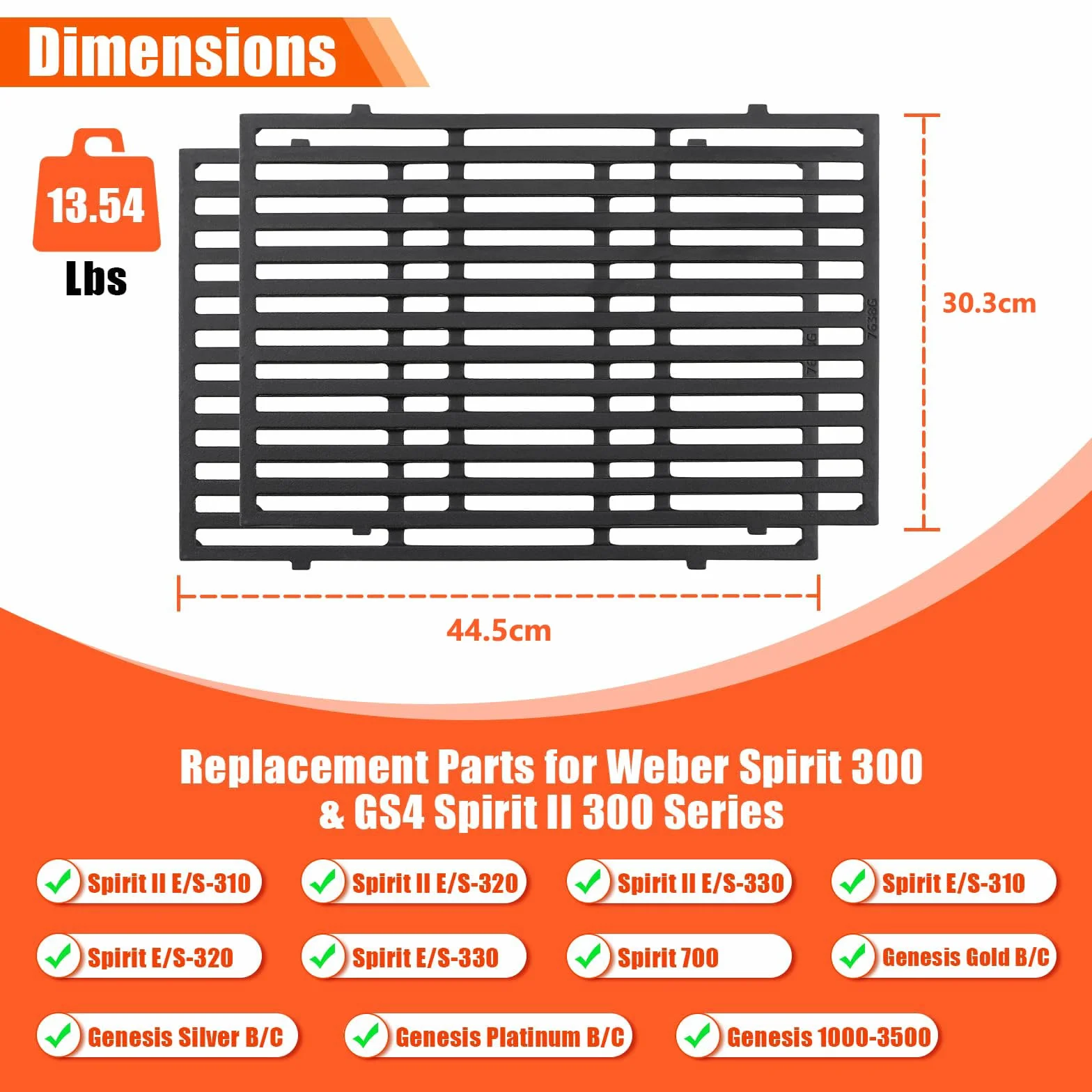 GFTIME 44,5cm 7638 ruszt do grilla Ersat do Weber Spirit II 310, Spirit 300/310/700, Spirit E/S-310, E/S-320, E/S-330, Ruszt żeliwny Grilla do Genesis 1000-5000 Silber Gold (przednimi przyciskami)
