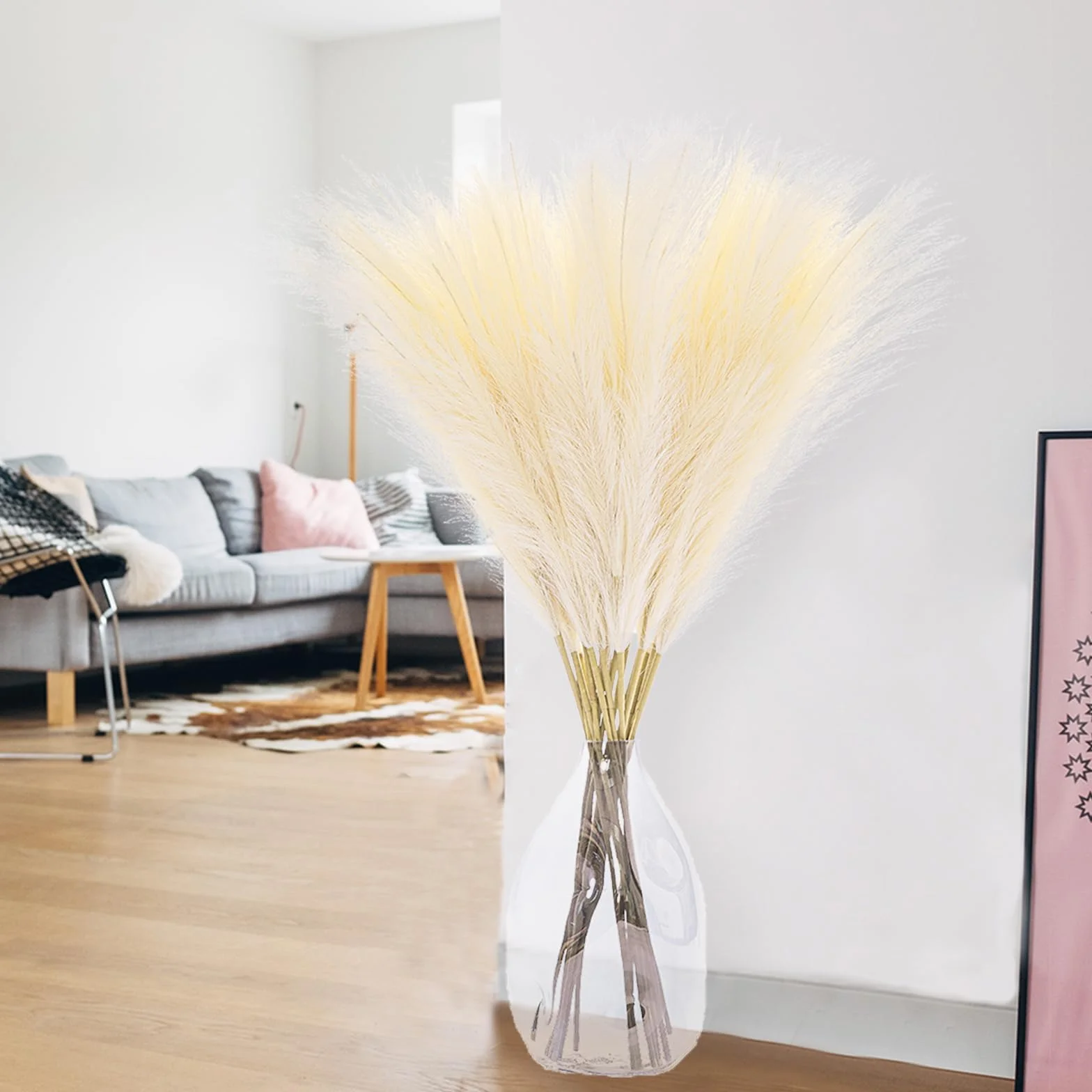 7 łodyg, sztuczna trawa pampasowa, dekoracja, wysoka trawa pampasowa, na podłogę, puszysta, sztuczna trawa pampasowa, do dekoracji ślubnej w stylu boho, do domu, 100 cm, beżowa