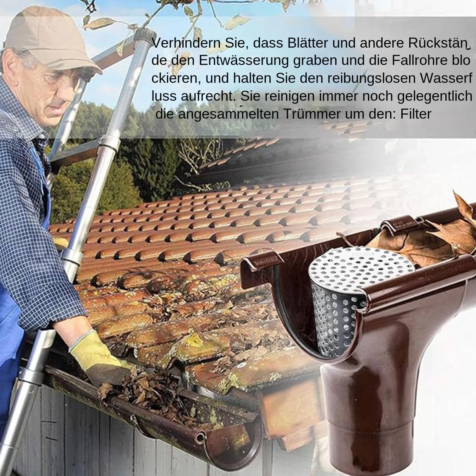 Kratka wyłapująca liście, stal nierdzewna, 100 mm, rynna dachowa, ochrona liści, kratka do rury spustowej, ochrona rynny dachowej, do rur dachowych, odpływów i rur spustowych, 50-63/68-83/85-100 mm