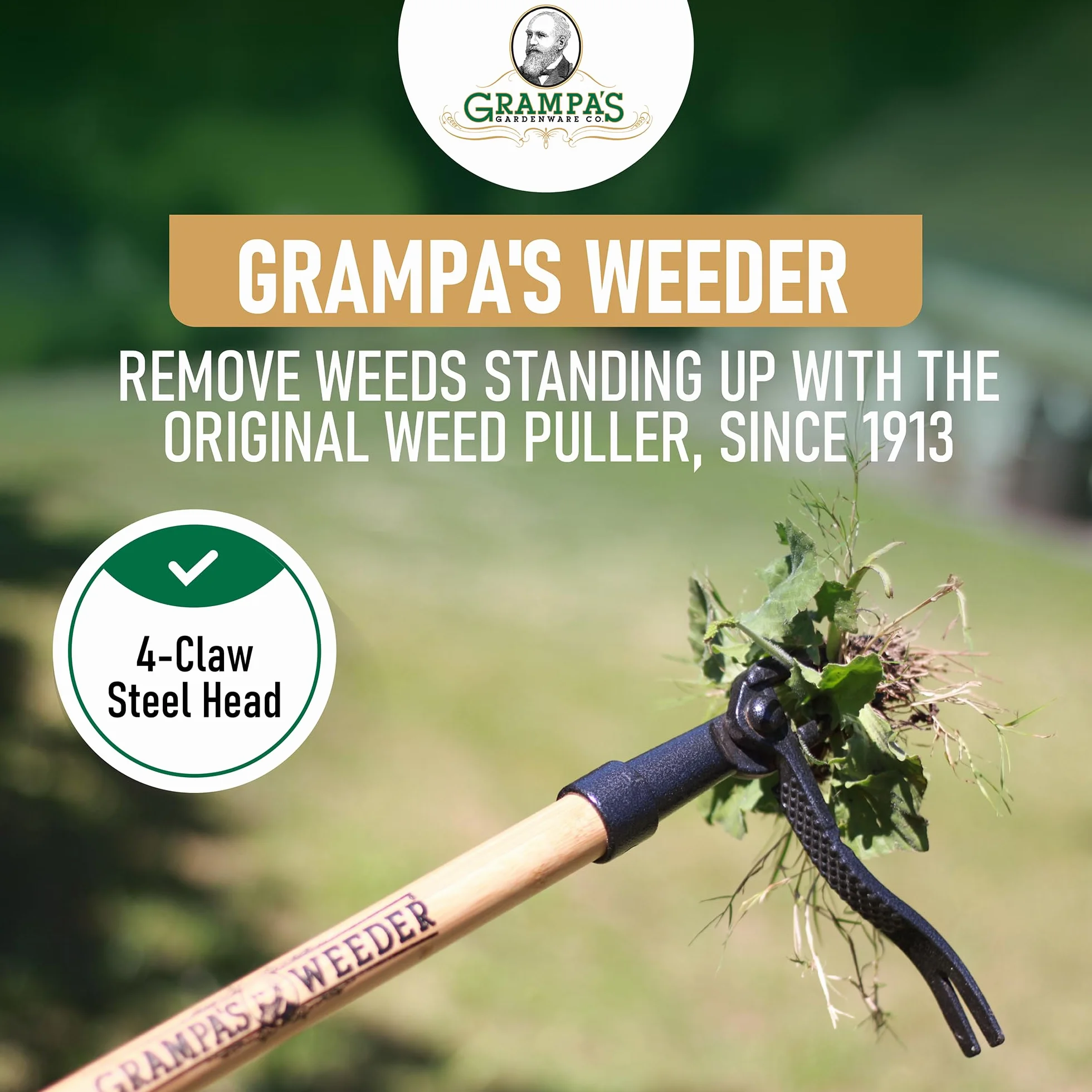 Grampa's Weeder - Oryginalne narzędzie do wyciągania chwastów z długim uchwytem - wykonane z prawdziwego bambusa i 4-pazurowej stalowej głowicy - łatwe usuwanie chwastów bez zginania, ciągnięcia lub