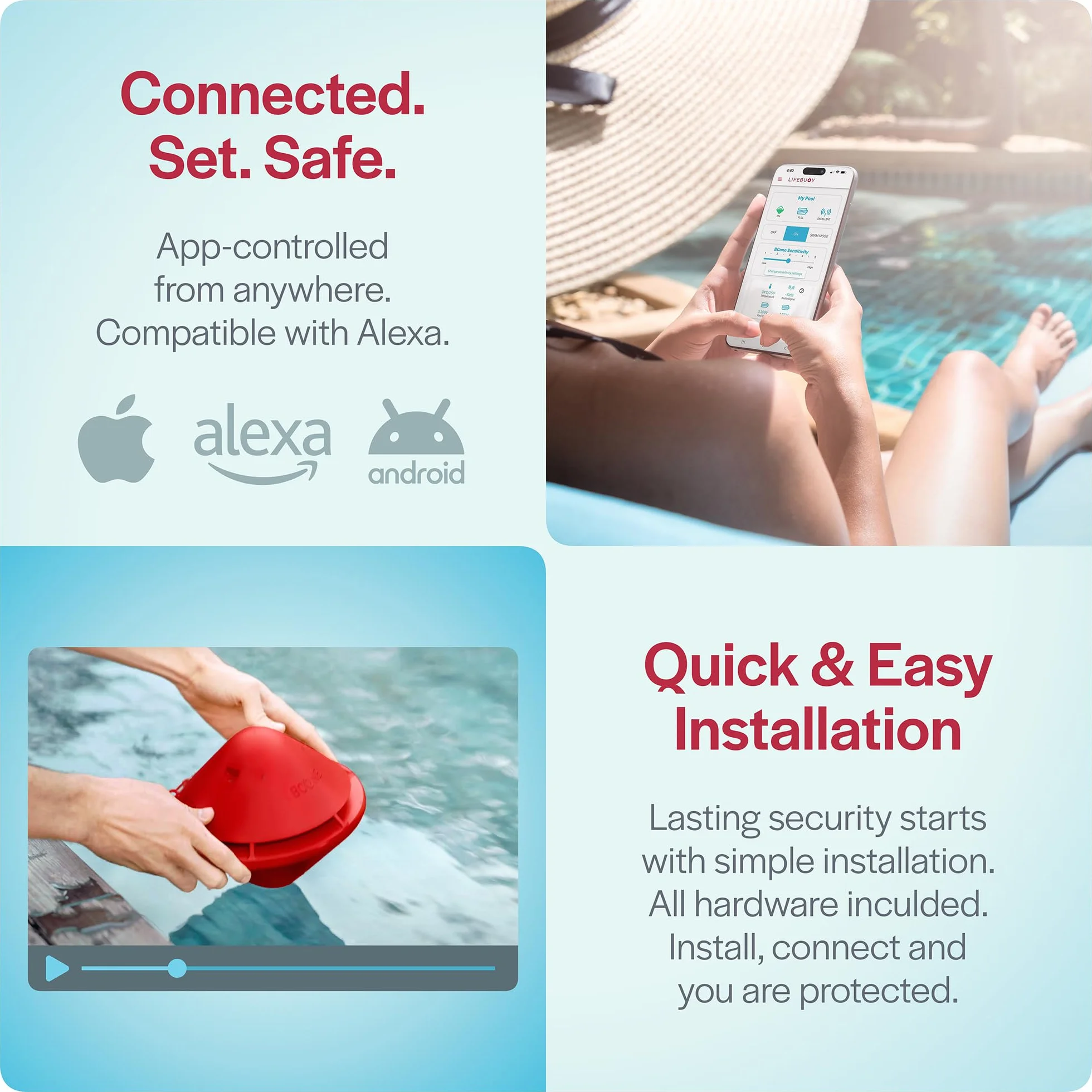 BCONE Alarm bezpieczeństwa basenu, alarm pływający z syreną i aplikacją, inteligentny system z Alexa, wykrywanie upadku w wodzie, ochrona dla dzieci i zwierząt domowych, łatwa instalacja
