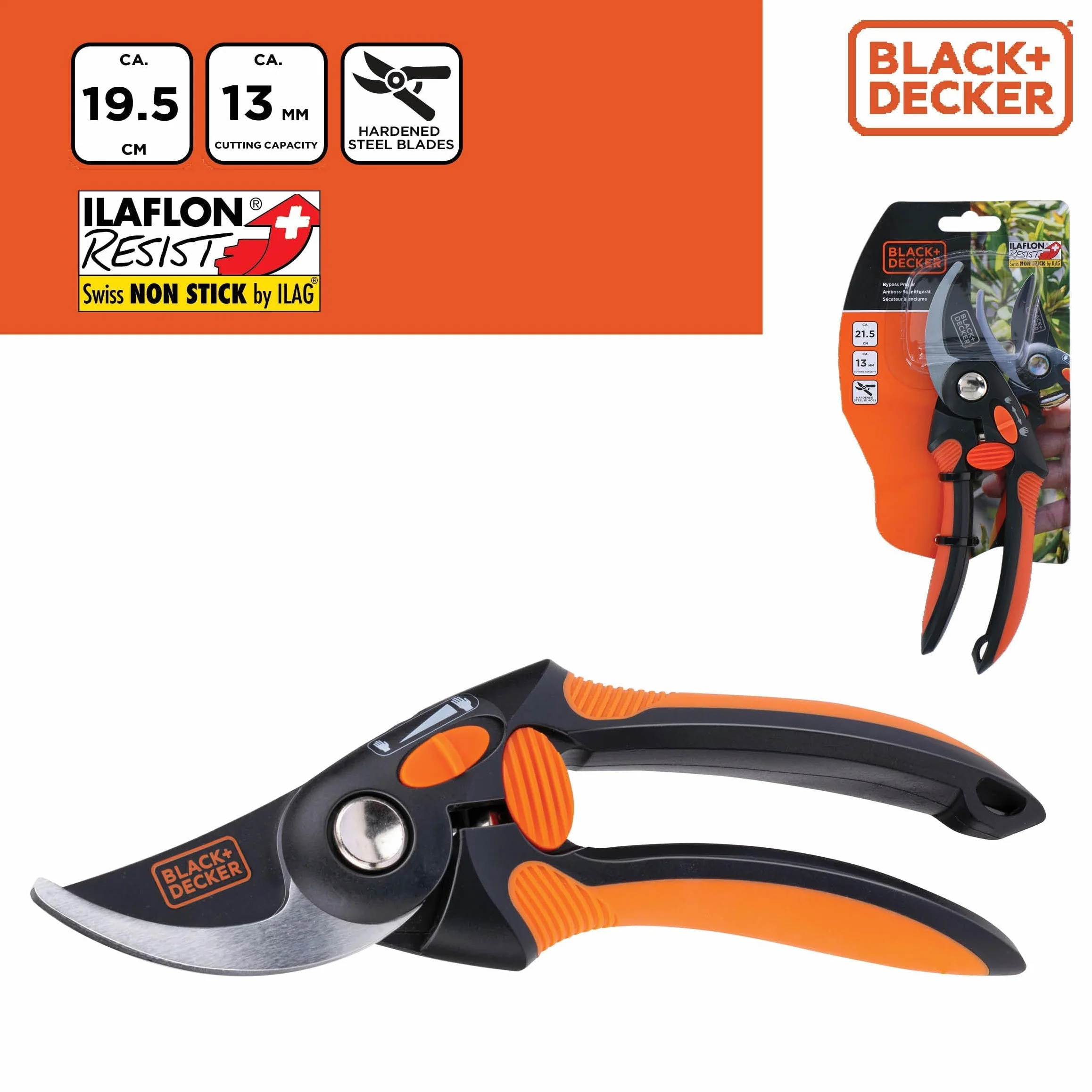 BLACK+DECKER Bypass sekator ogrodowy – wysokiej jakości stalowe ostrza – nożyce do gałęzi z ergonomicznym uchwytem – nożyce do przycinania drzew o pojemności 13 mm – czarne/pomarańczowe