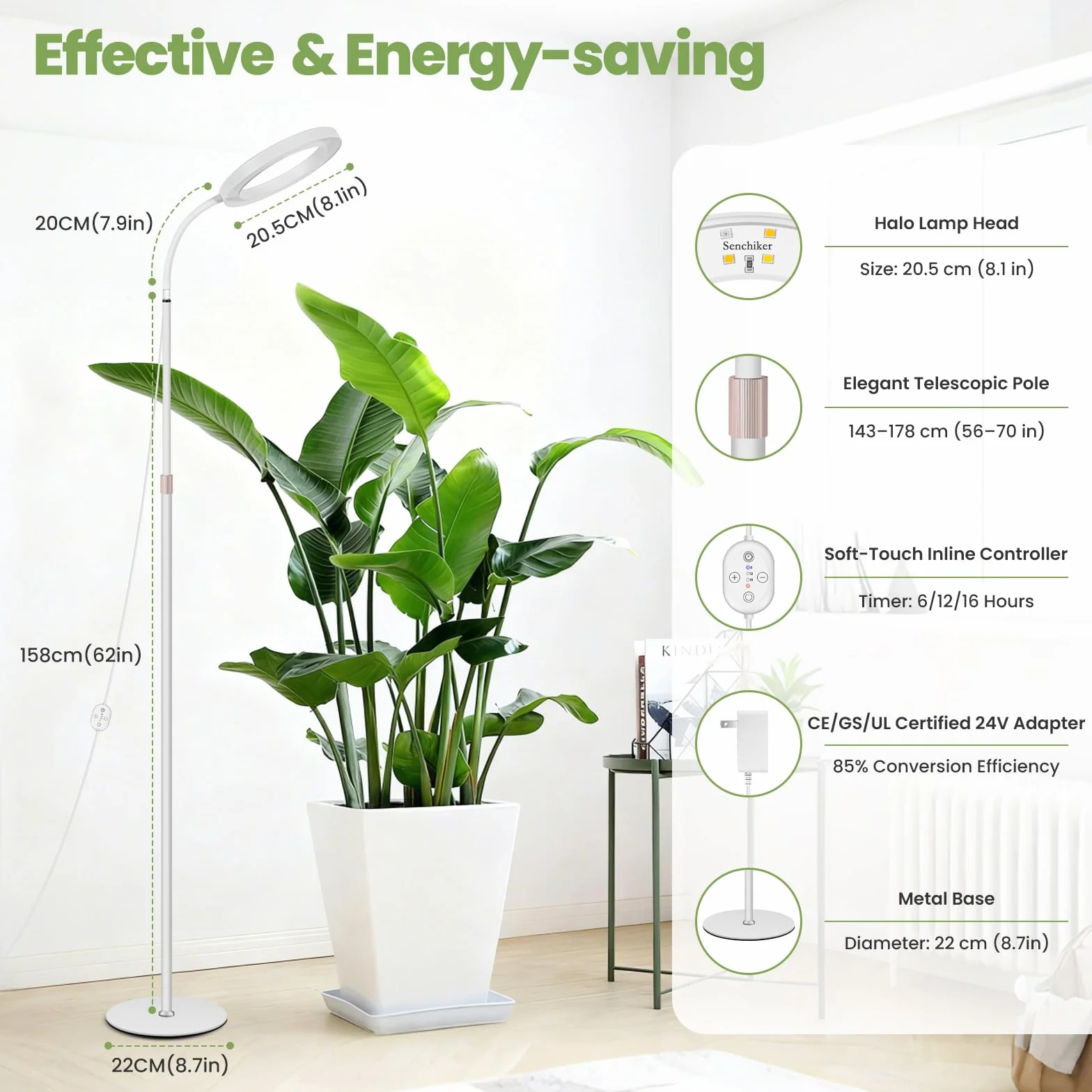 Duża 24V lampa do roślin do uprawy w pomieszczeniach, pełne spektrum z wzmocnionym 660 nm, LED LUMILEDS, lampa 20,5 cm z timerem i ściemnianiem, wysokość 56–178 cm, podstawa 22 cm, 20W