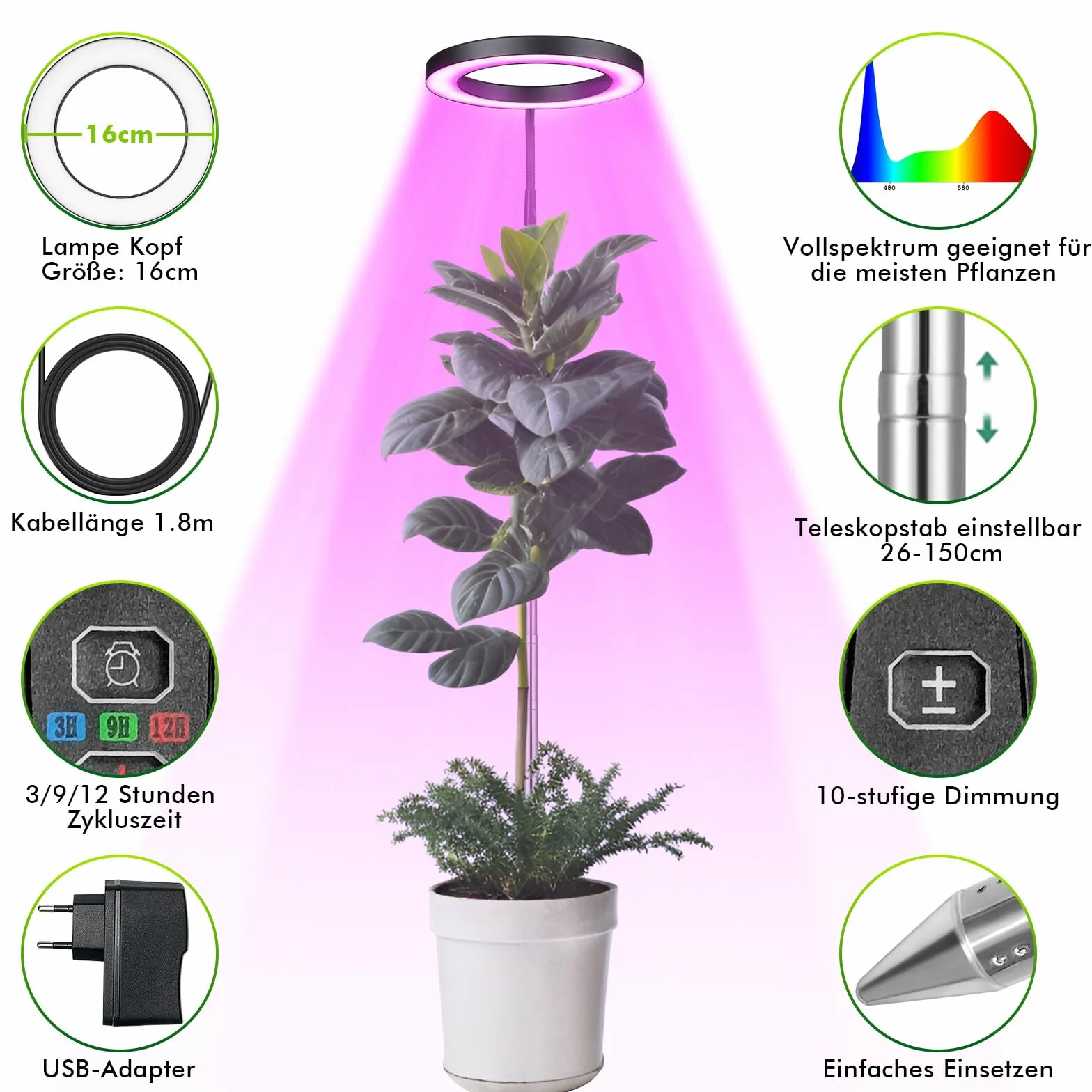 Lampa LED do roślin o pełnym spektrum, 72 LEDs Lampa do uprawy roślin w pomieszczeniach, Oświetlenie roślin 160 cm z gęsią szyją 360°, Timer 3/9/12H, regulowana wysokość, 3 tryby,10 jasności