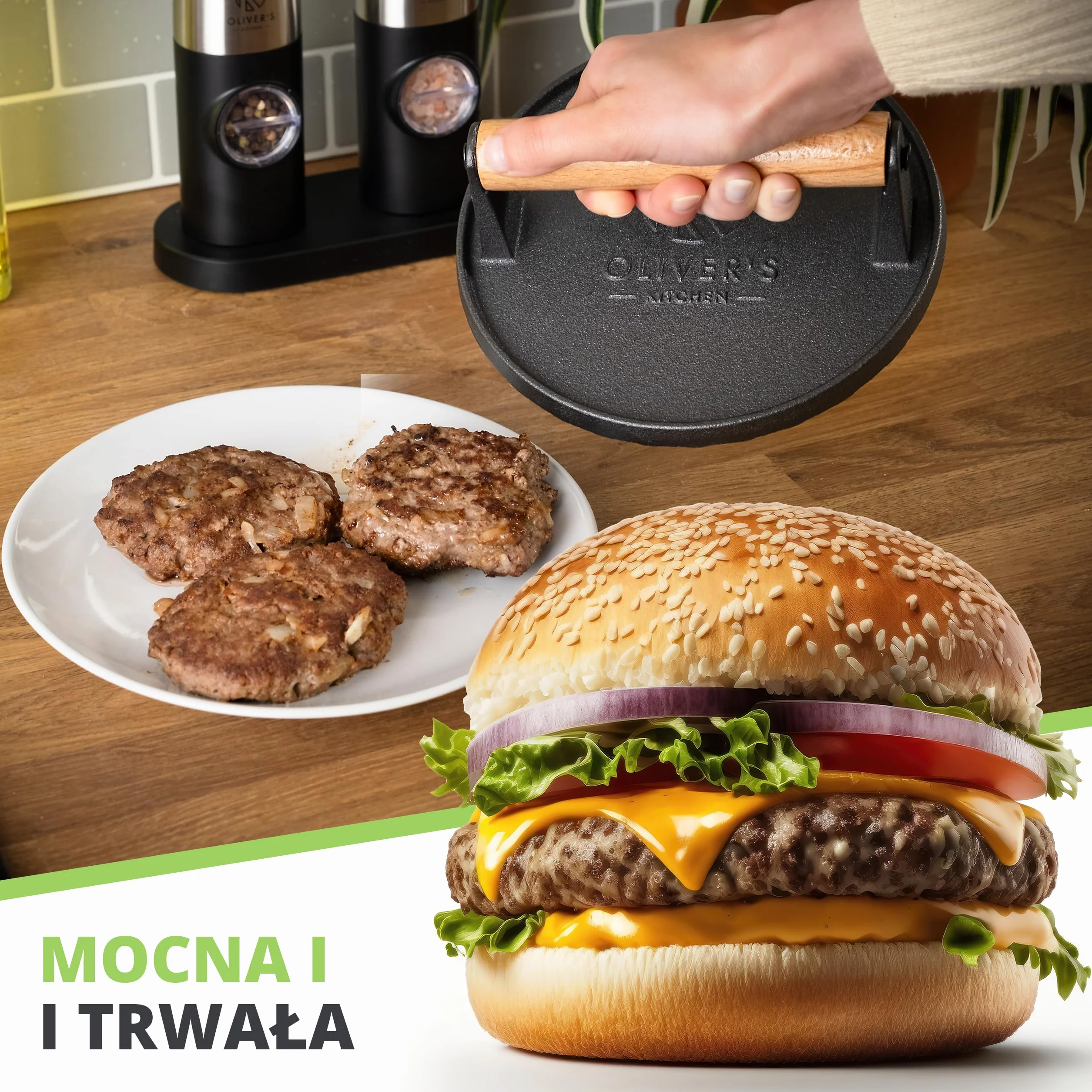 Oliver's Kitchen ® Prasa do Burgerów - Wysokiej Jakości, Wytrzymała, Żeliwna Praska do Hamburgerów - Ręczna Prasa do Mięsa z Wygodnym Uchwytem i Nieprzywierającą Powłoką - Idealne Domowe Burgery
