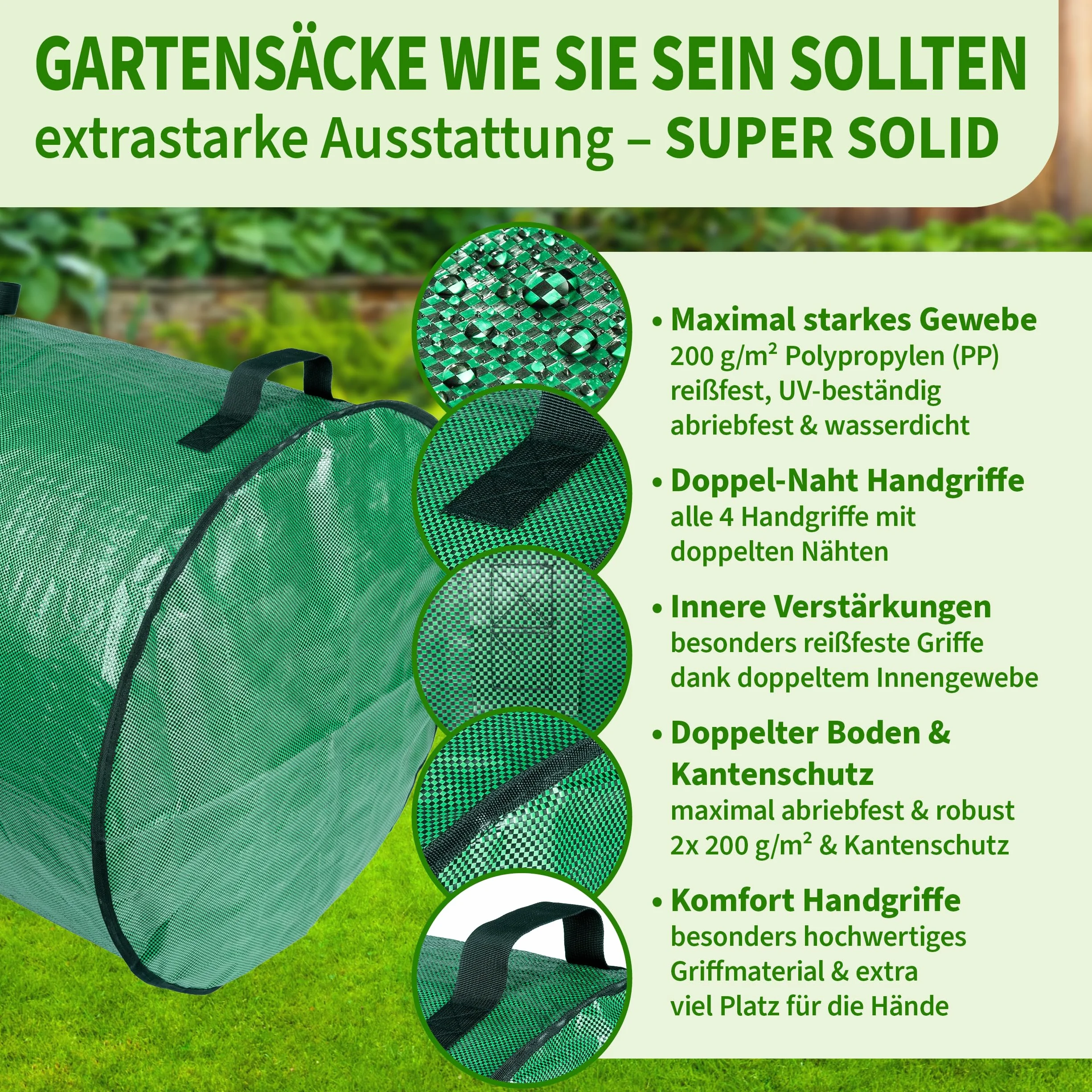 TTL Garden 2 x 500 l super solidny worek ogrodowy zielony – podwójne dno 2 x 200 g/m², bardzo stabilny i odporny na rozerwanie, wolnostojący, 4 uchwyty, duży, wytrzymały, zestaw 2 worków na liście