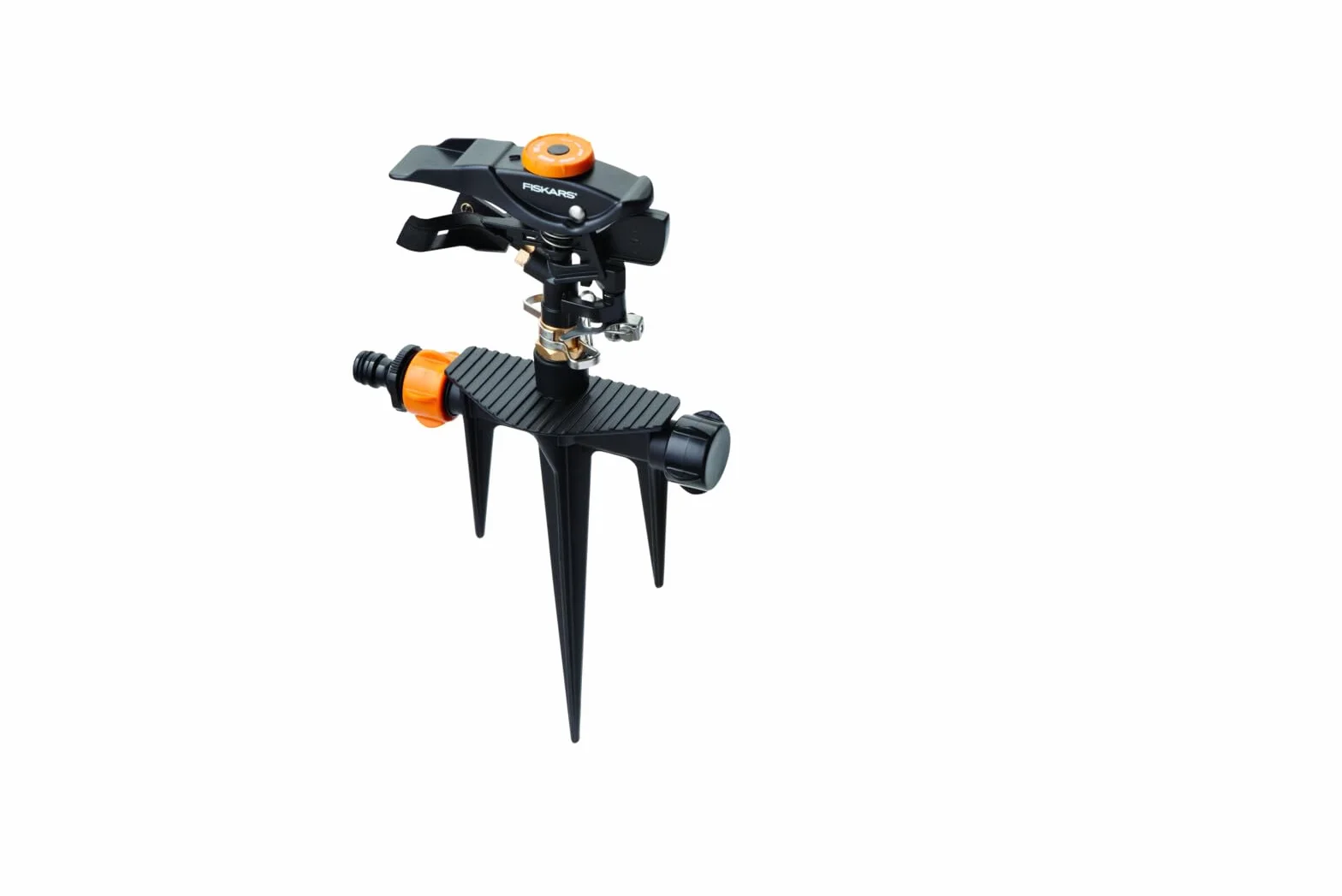 Fiskars Zraszacz pulsacyjny XL, Regulowane obroty, strumień i obszar nawadniania, Uniwersalny rozmiar, Obszar nawadniania o ø do 26 m, 466 g, Czarny/pomarańczowy, 1023658