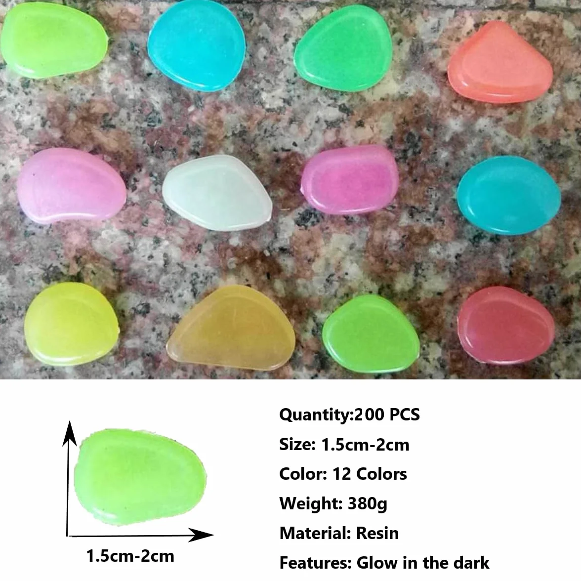 200 kolorowych kamień, duże kamyki, świecące kamienie, z żywicy, świecące w nocy, do akwarium, ogrodu, dekoracyjne, 1,5-2 cm