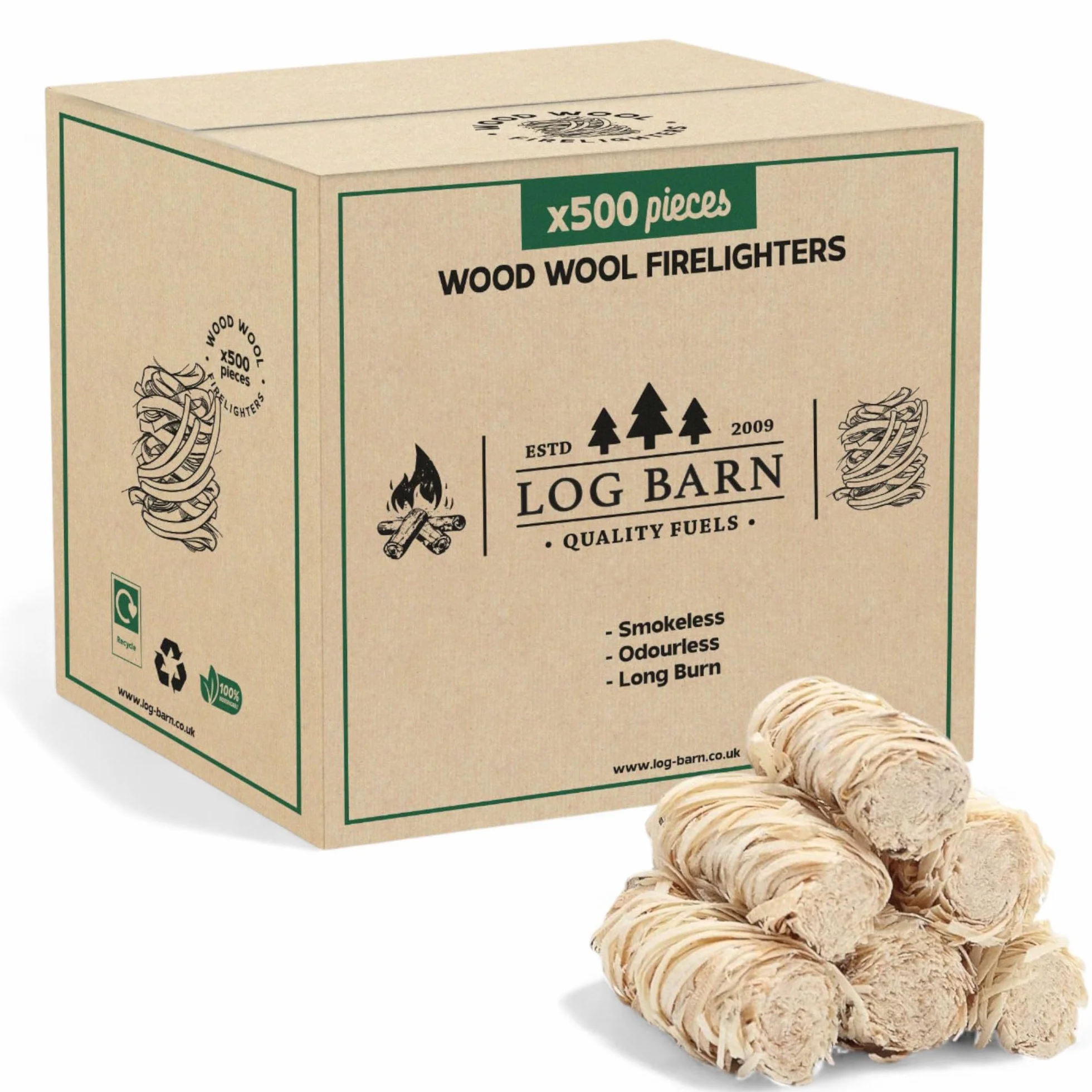 Log-Barn Rozpałki z naturalnego drewna ekologicznego - 500 podpałek z wełny drzewnej, do rozpalania ognia w piecach, grillu, piecach do pizzy i wędzarniach, bezpieczny rozrusznik węgla drzewnego