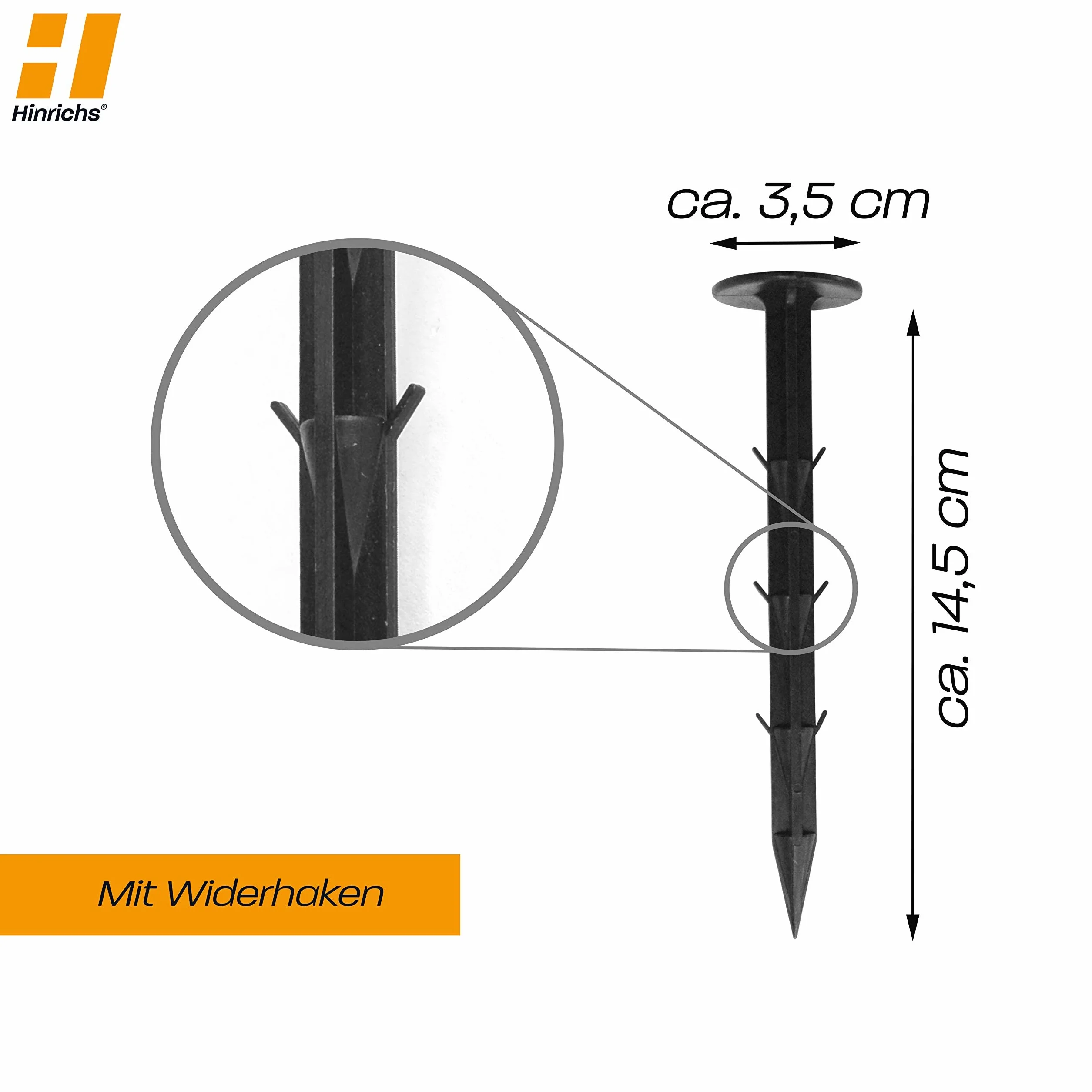 Hinrichs Kołki do Gruntu 100 Sztuk - Kołki do mocowania agrowłókniny 6 Kolców Długość 14,5 cm, Srednica Główki 35 mm - Kotwy ogrodowe