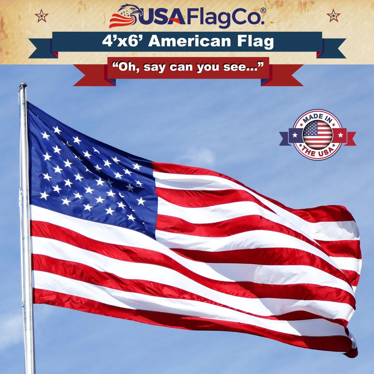 Amerykańska flaga flaga Co., wyprodukowano w USA, haftowane gwiazdy i paski szyte w USA, rozmiar US 4 x 1,5 m, nylon, 4 od 6 stóp