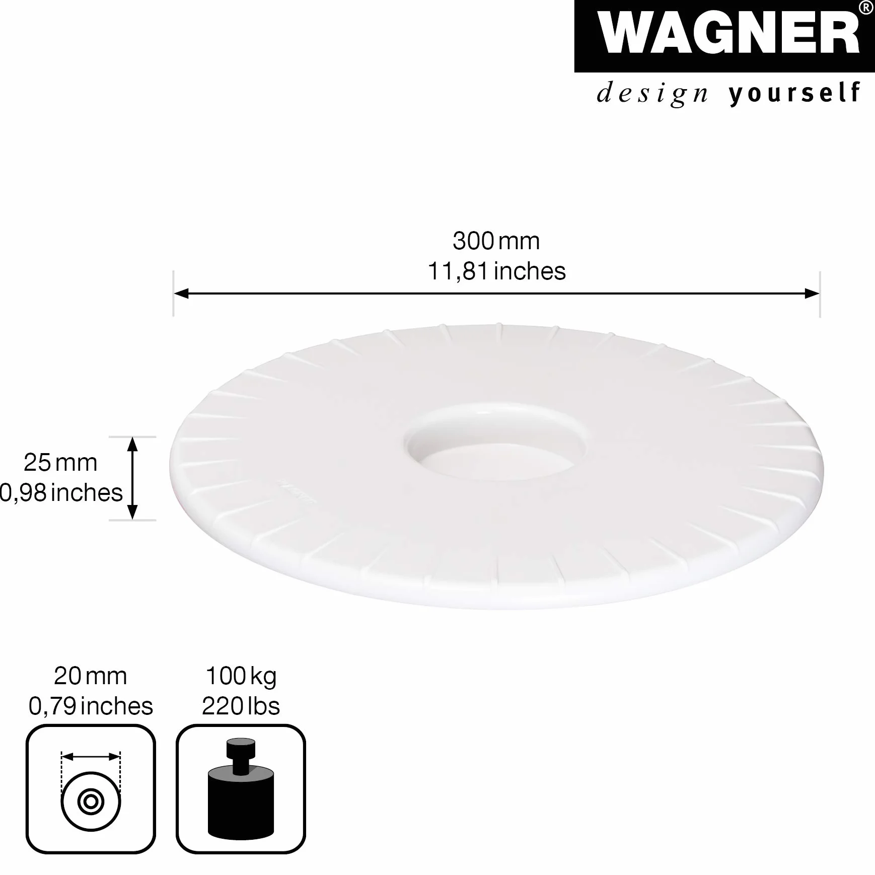 Wagner Ultra FLAT 20045101 wałek do roślin o średnicy 30 x 3 cm, do użytku wewnątrz z lekkimi łożyskami kulkowymi, wyjątkowo płaski wałek z tworzywa sztucznego ABS, biały, wodoodporny, nośność 100 kg