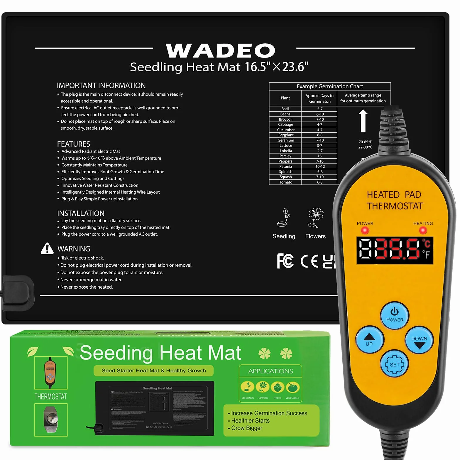 WADEO Mata grzewcza do roślin 60 x 42 cm, mata grzewcza do sadzonek, mata grzewcza z termostatem od 5°C do 45°C, mata termiczna do kiełkowania sadzonek, terrarium