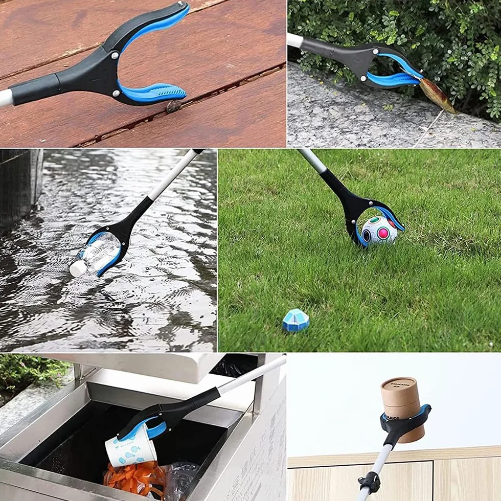 Chwytak do podnoszenia guf, szczypce chwytające dla seniorów, ergonomiczne składane, 83 cm, magnetyczne przyciąganie liści, chwytak do liści, obracany o 360° (niebieski)