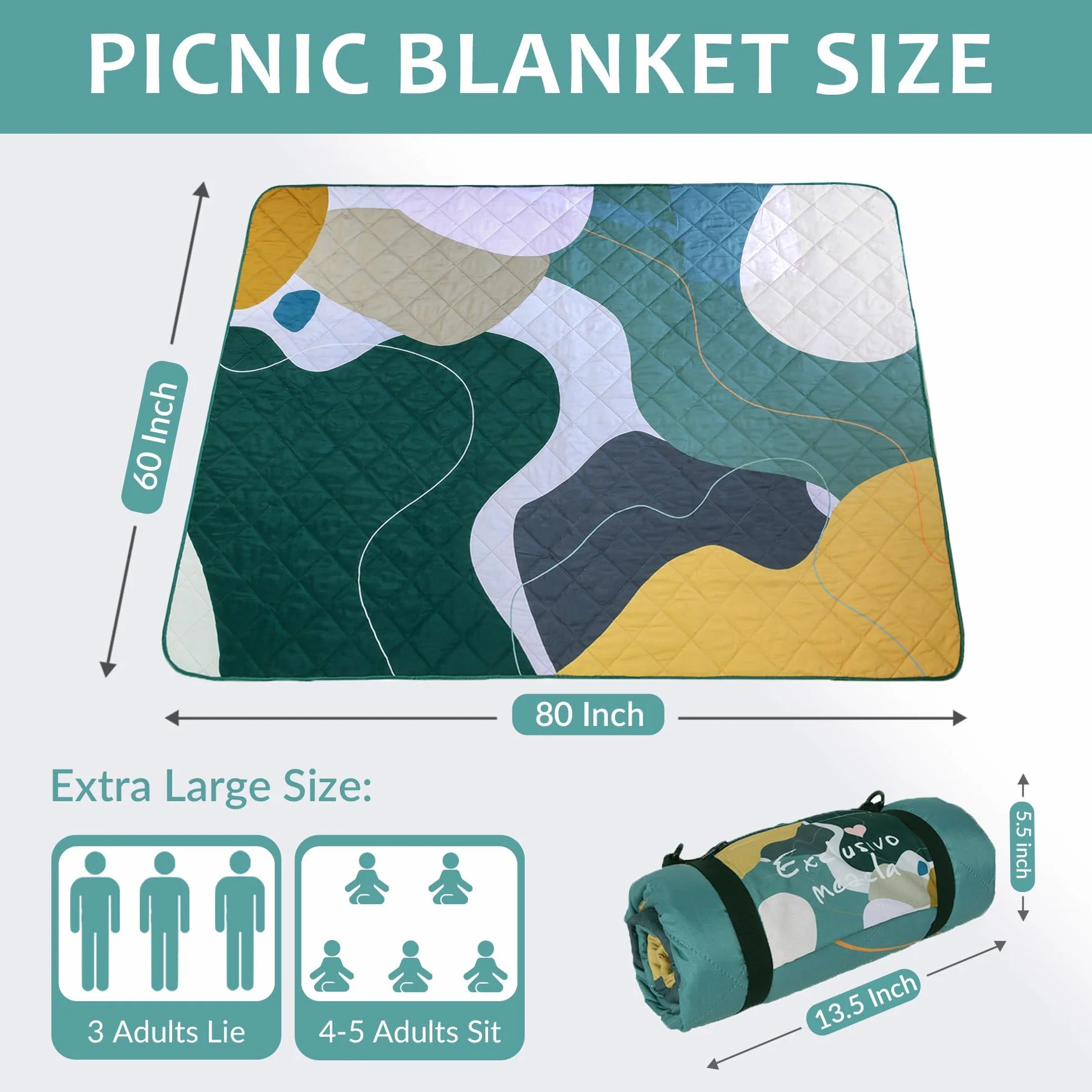 Exclusivo Mezcla koc piknikowy wodoodporny, duża składana mata piknikowa do wędrówek, kempingu na plaży, można prać w pralce, pleciona mata na zewnątrz z paskiem do noszenia, 150 x 200 cm, zielona