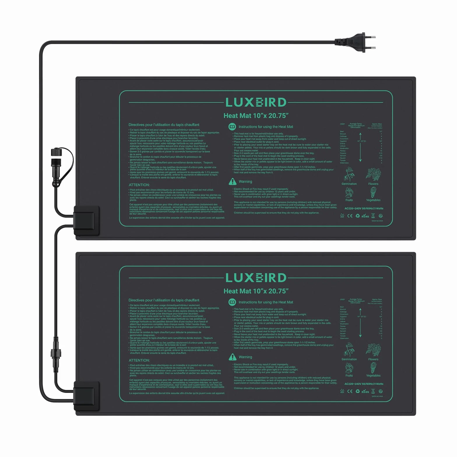 Luxbird mata grzewcza do roślin, 2 sztuki 21W matek grzewczych, sterowanie jedno-do-wielu, mata grzewcza do kiełkowania, do szklarni, wodoodporna IP67, 52 x 25 cm