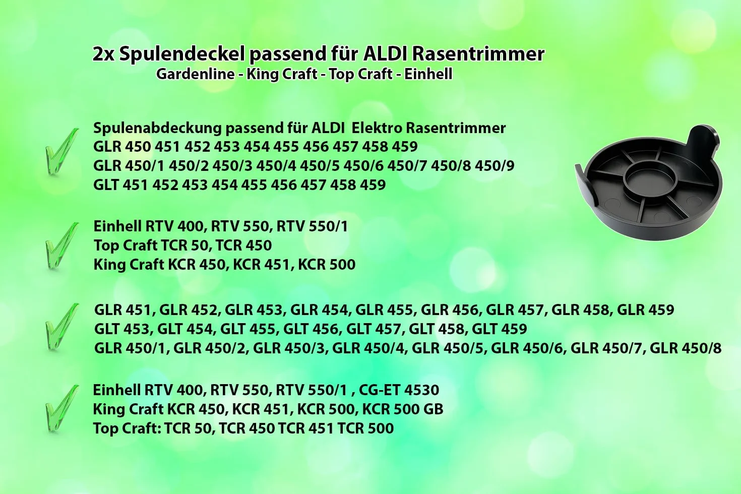 2 x pokrywa na szpulę, osłona na szpuli, do elektrycznych podkaszarek do trawników Gardenline, Einhell, King Craft, Top Craft, RT, GLR, GLT, KCR, TCR, GLR 450 451 452 453 454 455 456 457 458 459