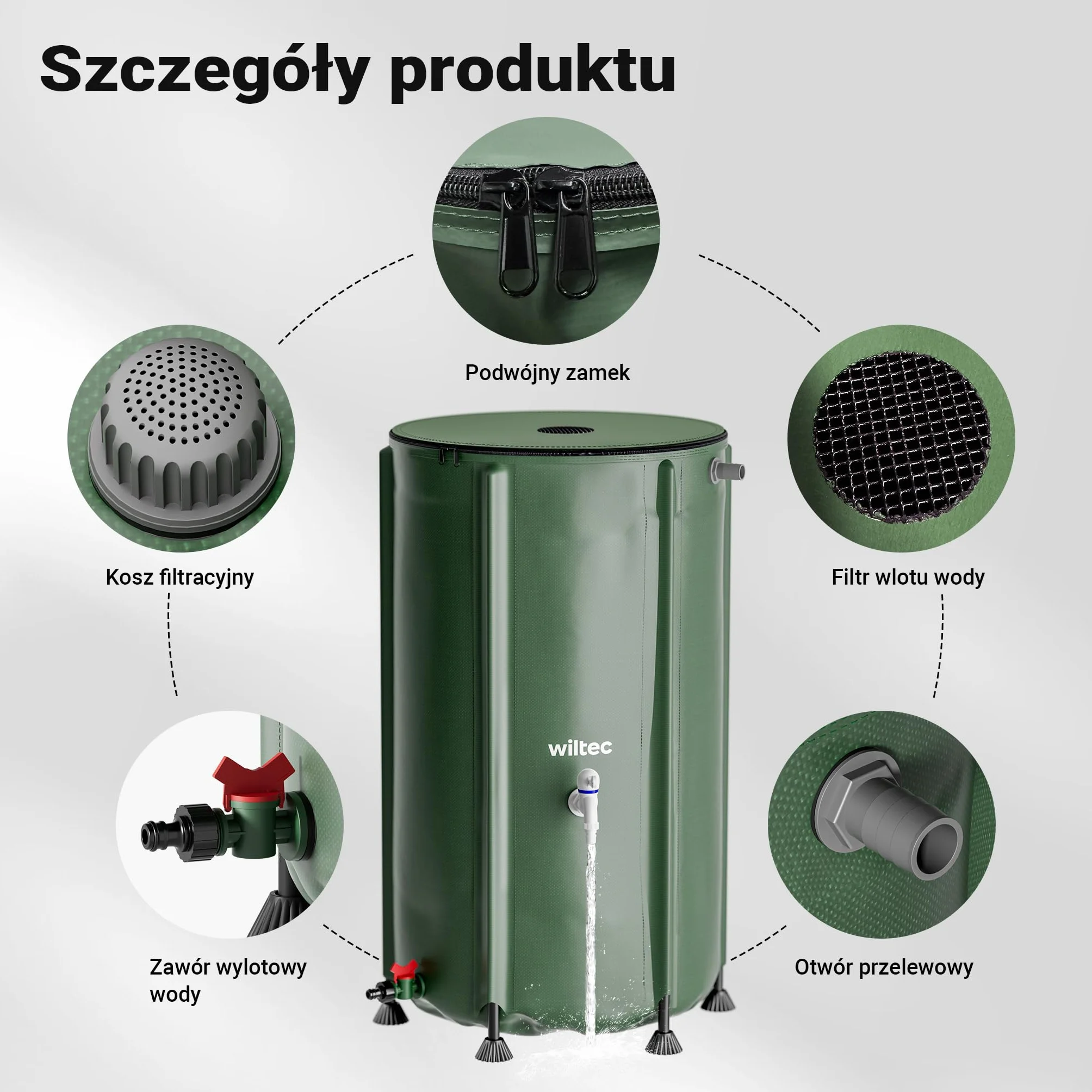Wiltec Zbiornik na deszczówkę o pojemności 250 l, średnicy 60 cm i wysokości 88 cm, z pokrywką i kranem, beczka składana z tkaniny PVC 1000D na wodę