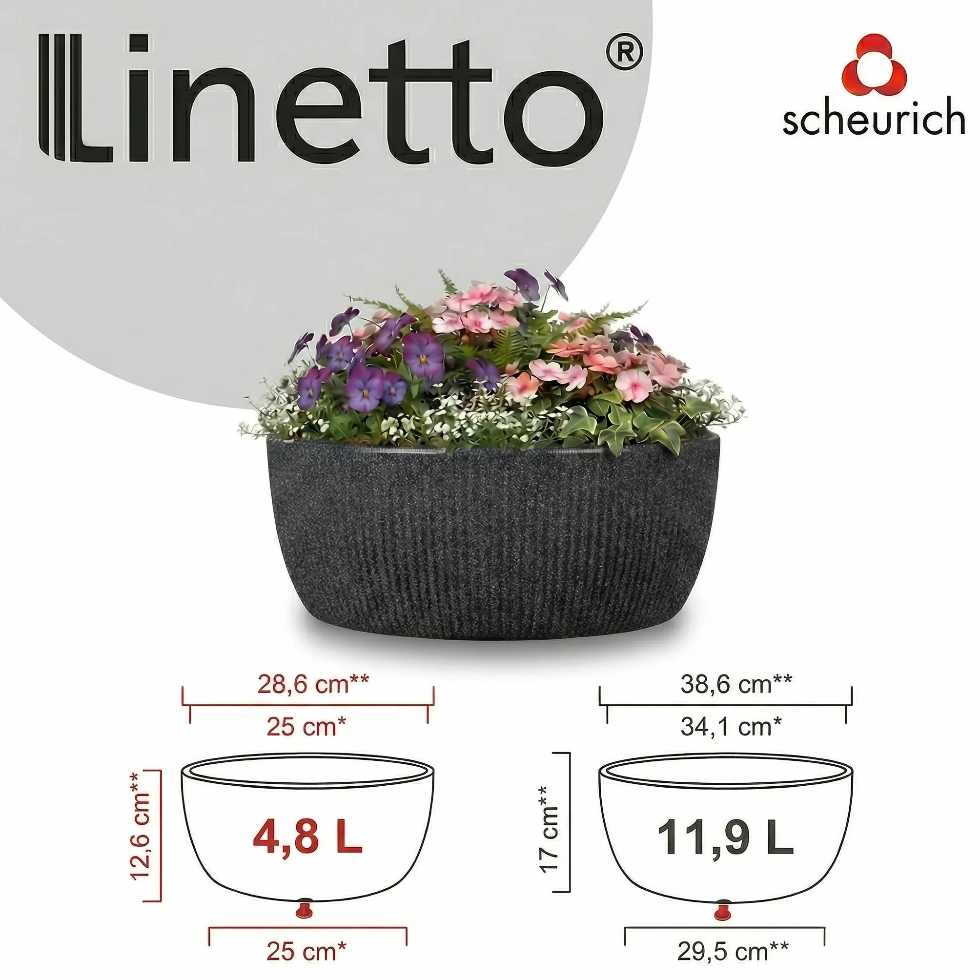 Scheurich Linetto Bowl 30, doniczka na rośliny, okrągła, kolor: Stony Black, wyprodukowana z tworzywa sztucznego pochodzącego z recyklingu, do użytku na zewnątrz