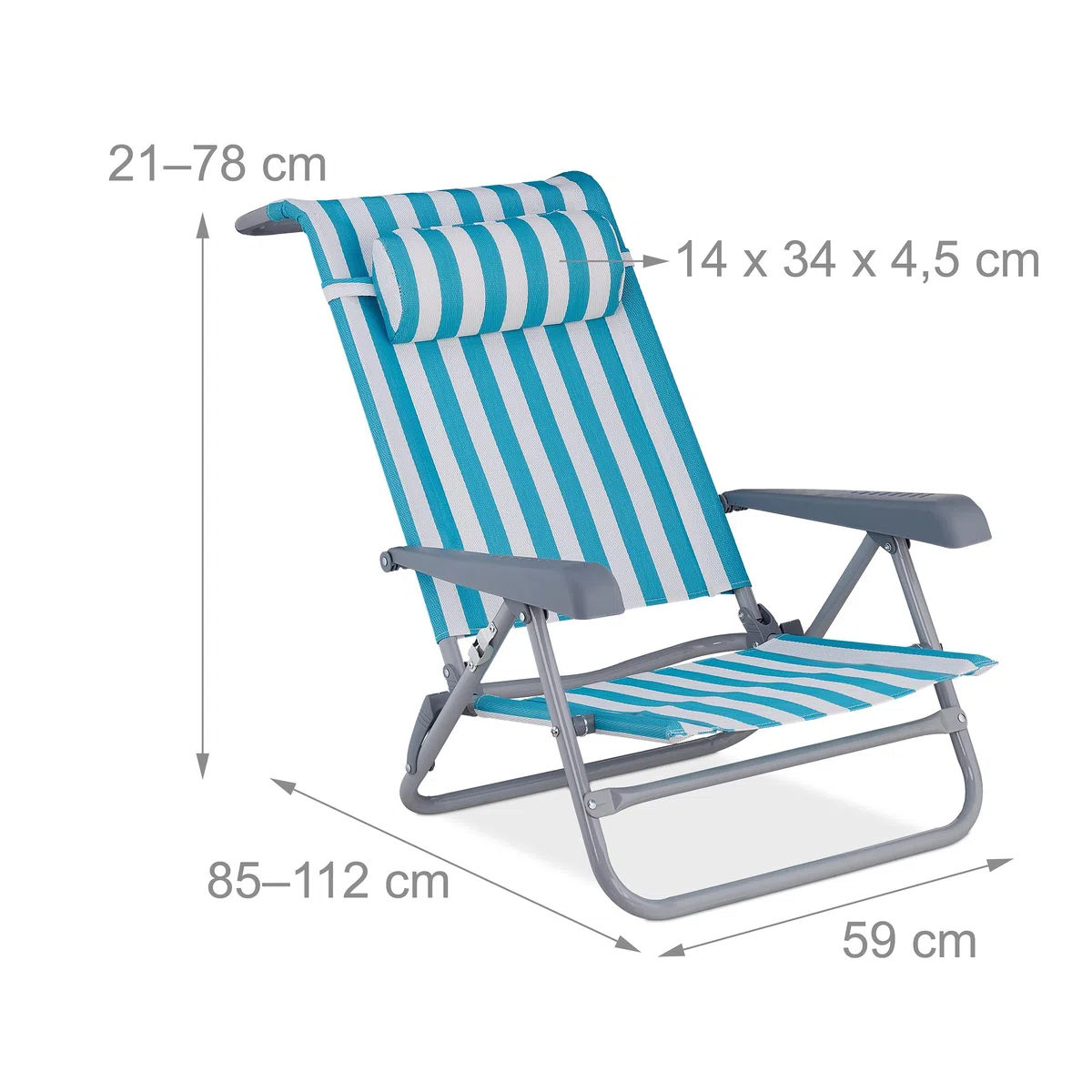 Relaxdays Leżak składany, 8-stopniowa regulacja, krzesło plażowe z poduszką pod kark, podłokietnikami i otwieraczem do butelek, niebieski/biały, 1 sztuka