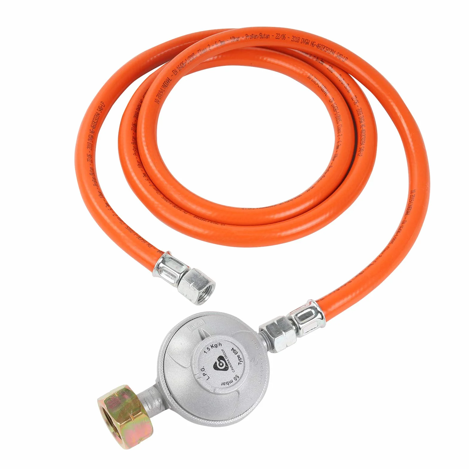 Regulator G607 50 mbar Wąż 1,5 m Łączniki śrubowe 1/4" lewy