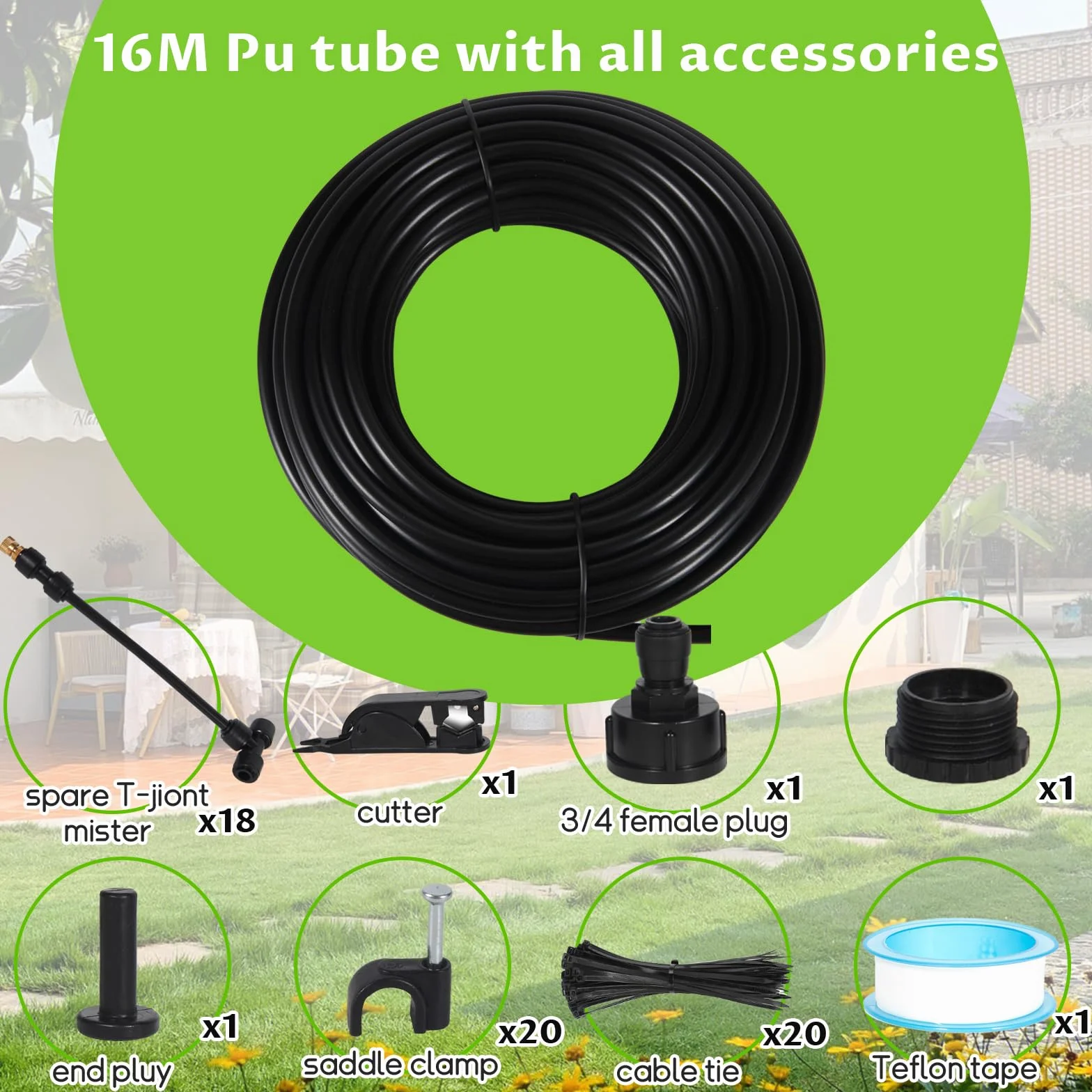 16M Outdoor Mister, 64 szt. Zestawy do nawadniania System zamgławiania z 18 dyszami do mgły ze złączem T + 1 adapter (mosiądz, 3/4") do imprez plenerowych, ogrodów