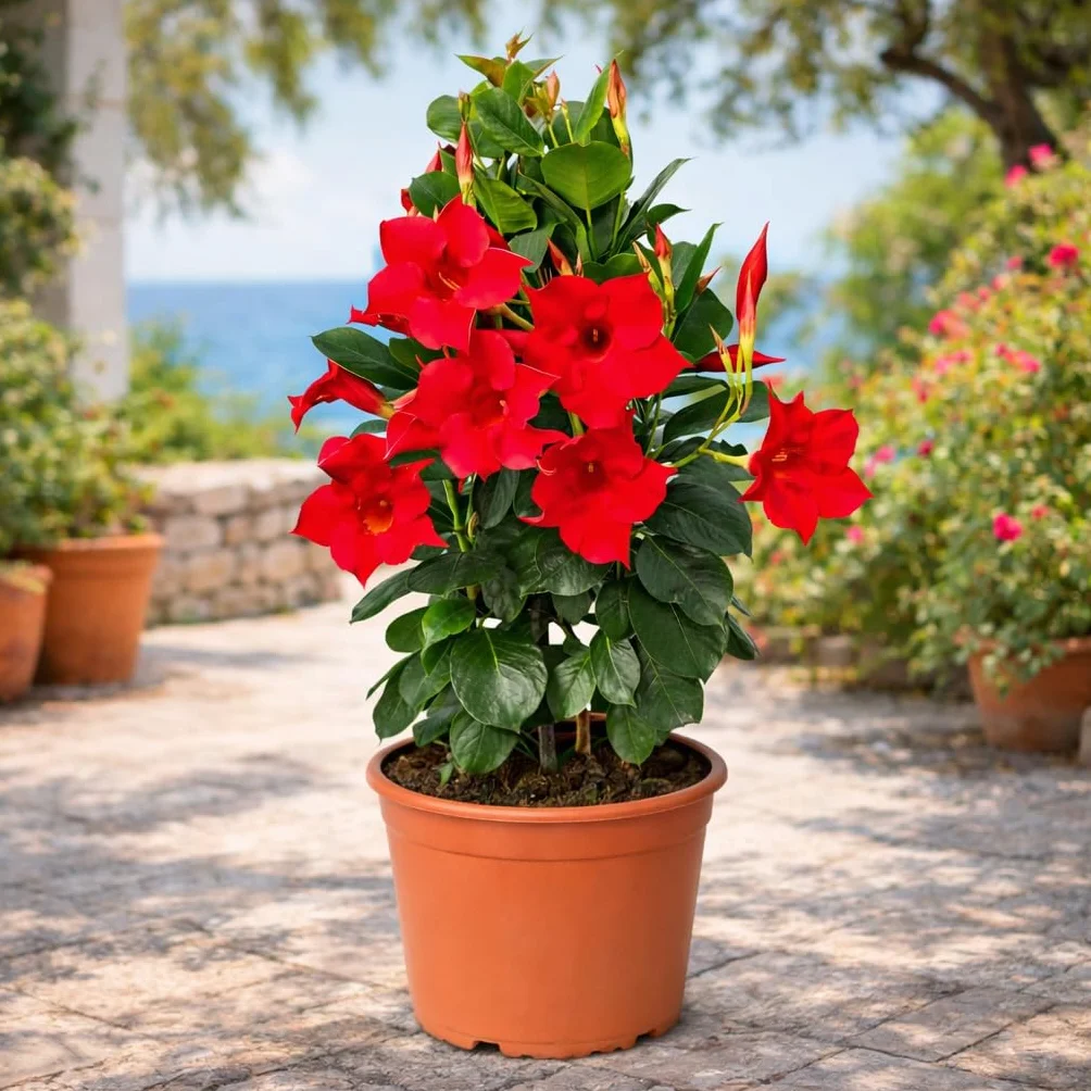 Exotenherz Mandevilla Dipladenia - kwiat lejka - kształt piramidy - doniczka 14 cm - ok. 45-50 cm - czerwona