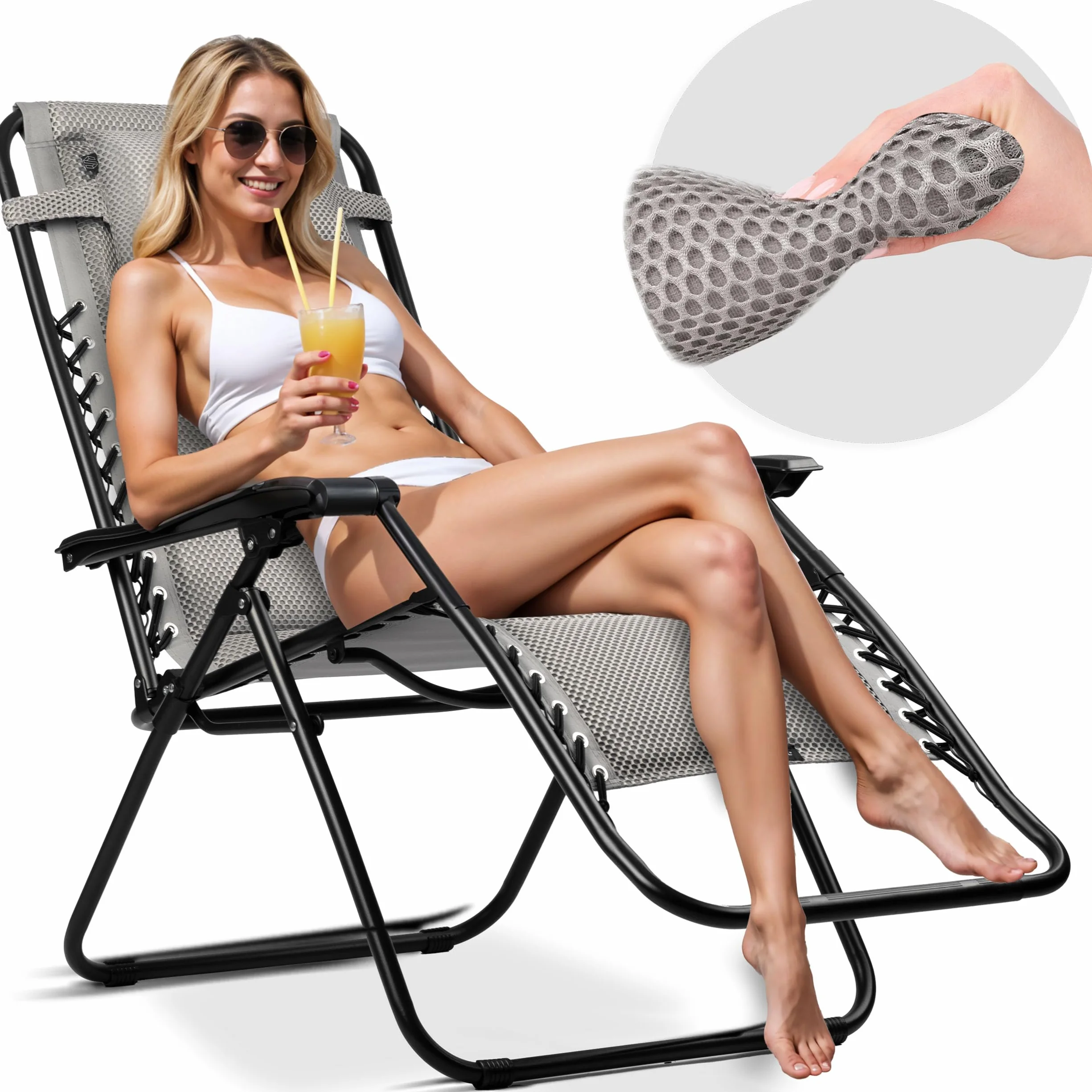 Leżak Ogrodowy ChillWell Soft - Składany z Poduszką - Tkanina 3D FoamGrid Obciążenie do 120 kg - 160 x 107 x 60 cm - Szary