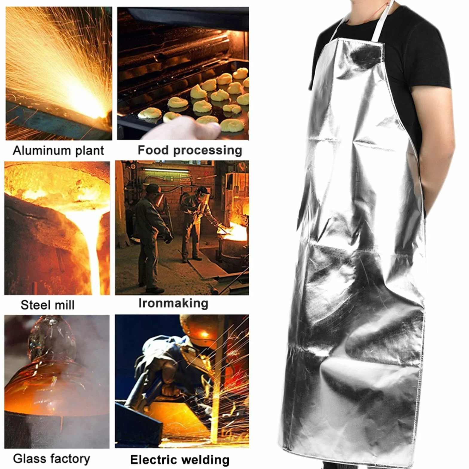 Fartuch odporny na wysokie temperatury, fartuch z folii aluminiowej, 1000°C, odporny na wysokie temperatury, fartuch roboczy ogniotrwały do gotowania, grillowania, pracy, szary, l
