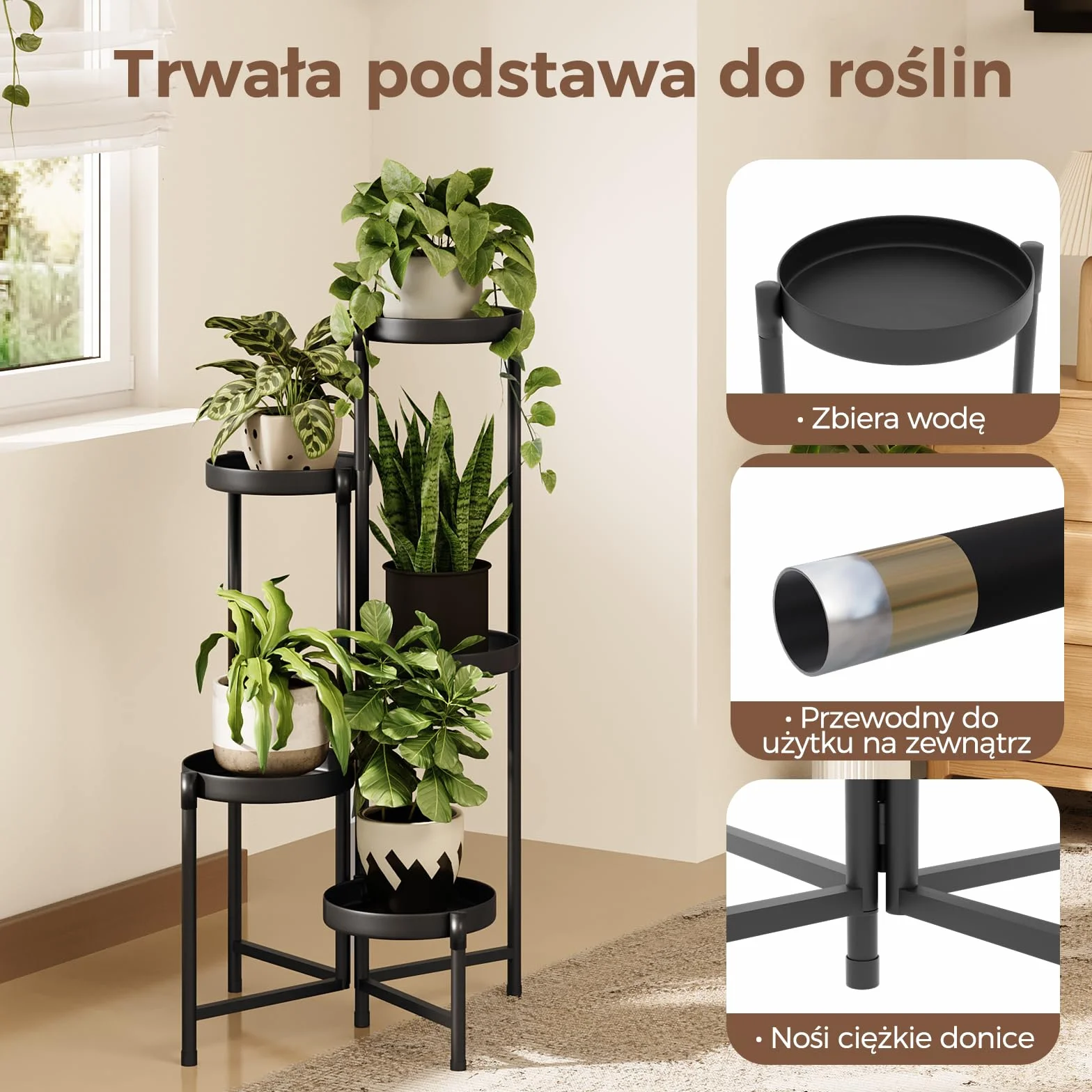 Bamworld Stojak na Rośliny Wewnątrz Na Zewnątrz Składany 5-Poziomowy Metalowy Stojak na Kwiaty, Kątowa Wielopoziomowa Półka na Rośliny do Ogrodu Balkonu Tarasu Salonu Sypialni