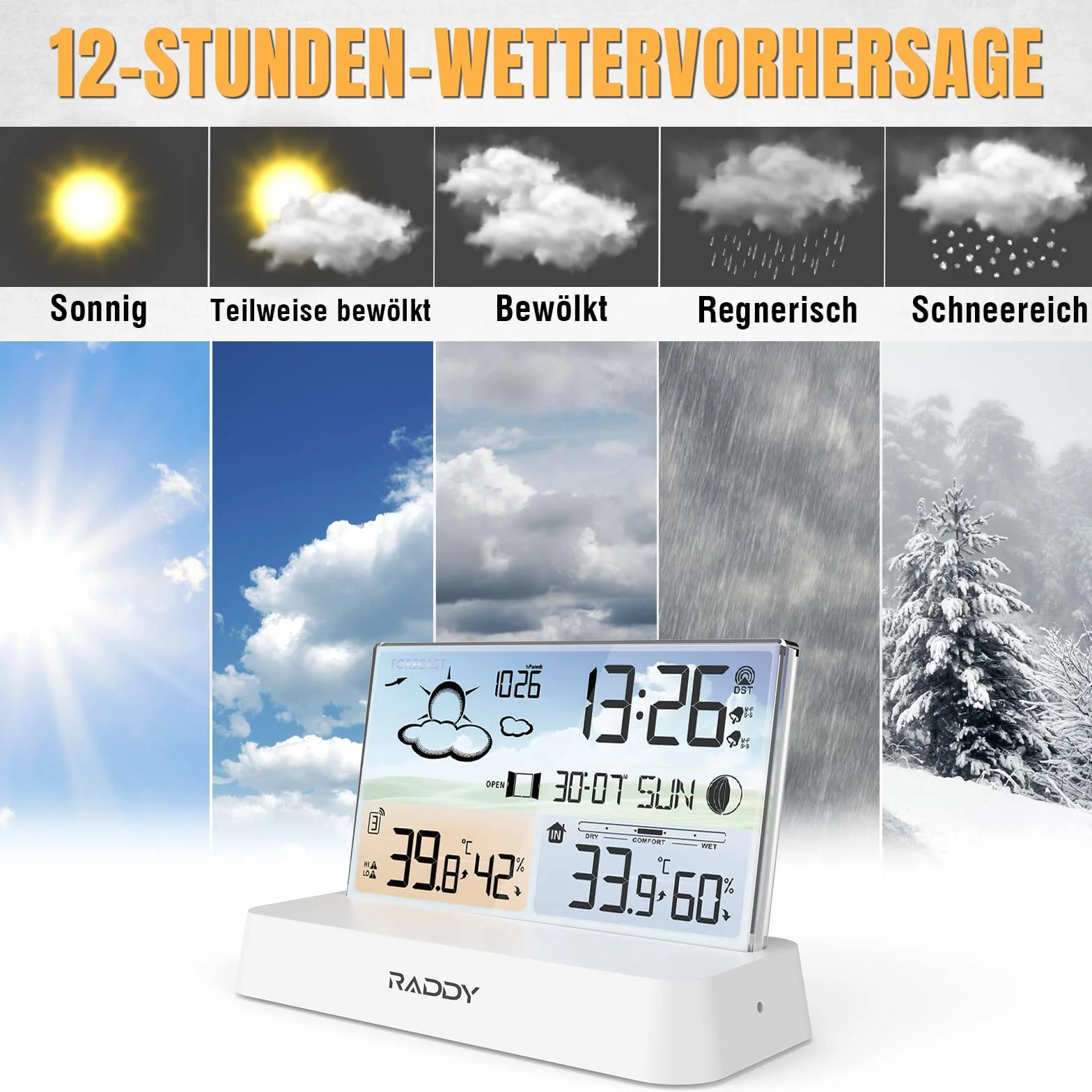 Raddy DT6 Stacja pogodowa Wewnętrzna zewnętrzna, Zegar radiowy DCF, Cyfrowy kolorowy wyświetlacz Termometr wewnętrzny i zewnętrzny Higrometr, Domowa stacja pogodowa z prognozą pogody i barometrem