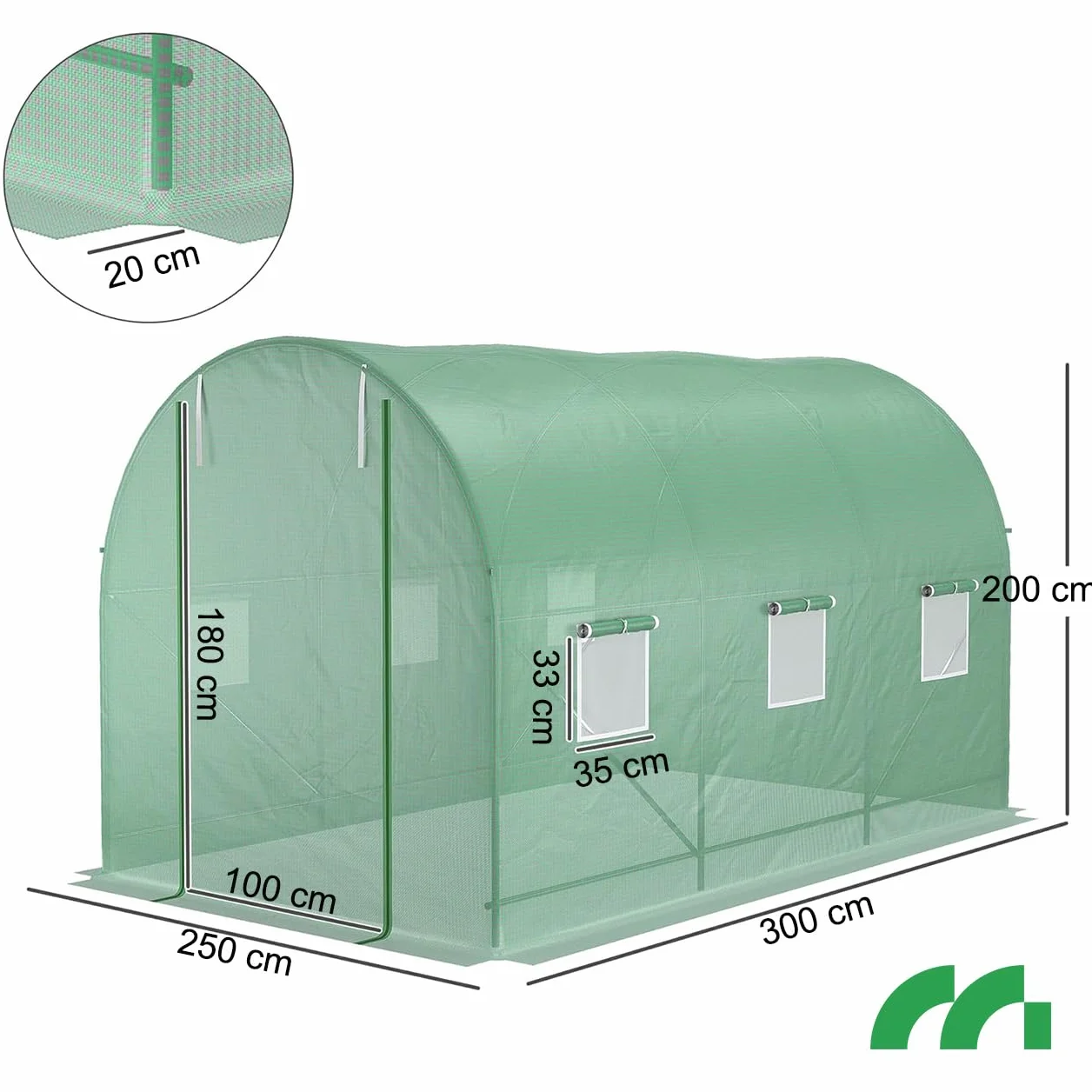 MalTec Szklarnia foliowa zapasowa osłona do tunelu ogrodowego 7,5 m2 zielona 2,5 x 3 x 2 m warzywa owoce 140 g/m2