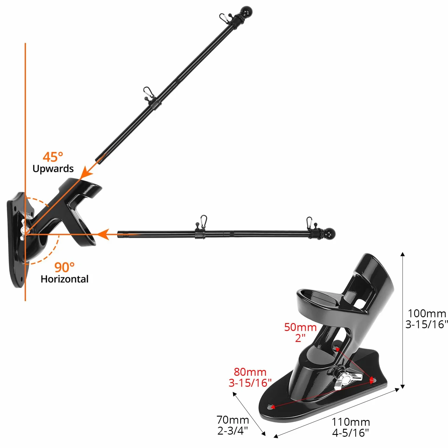 QWORK® Nieplączący się zestaw masztu flagowego – 1,8 m, metalowy maszt flagowy z uchwytem ściennym, nakładką kulkową i pierścieniami obrotowymi o 360°, do użytku na zewnątrz, domu, ogrodu,