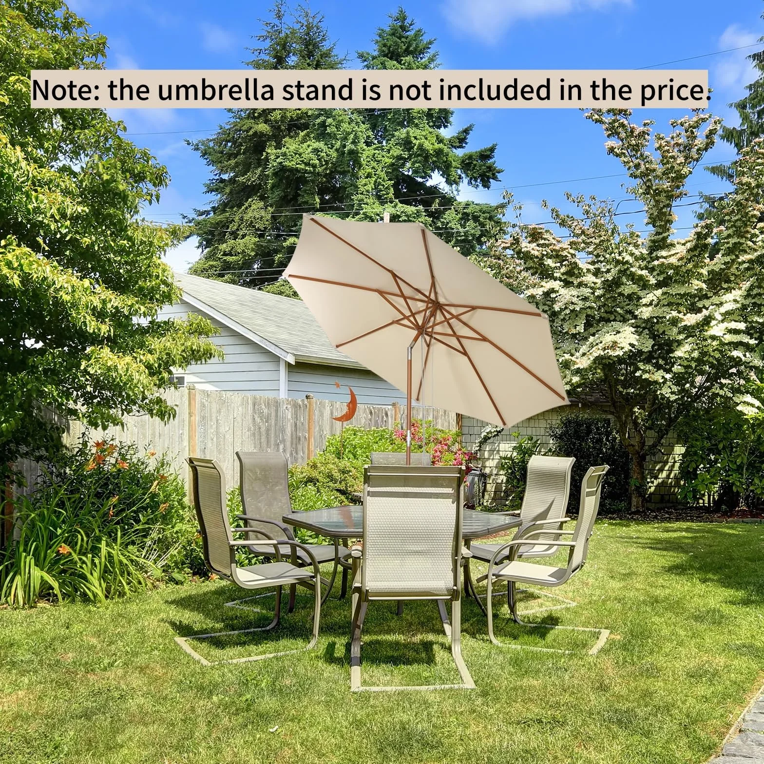 KOMFOTTEU Parasol przeciwsłoneczny, składany, 270/300 cm, z drewna, parasol targowy z 8 podpórkami, parasol tarasowy, możliwość przechylania, do ogrodu, na plażę, balkon, beżowy