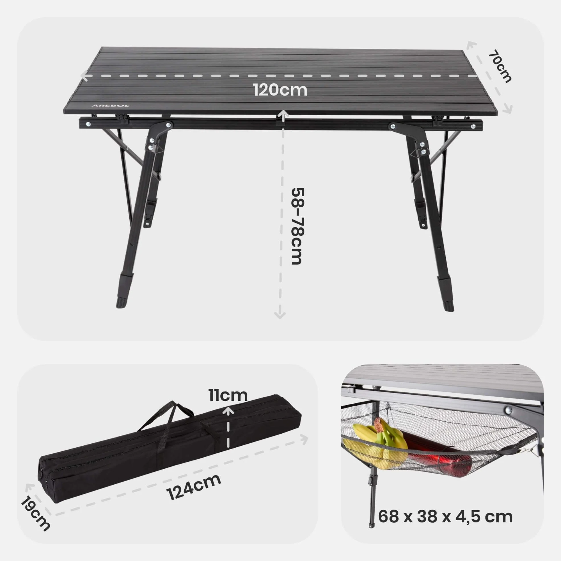 Arebos Składany stół kempingowy, 120 x 70 cm, z regulacją wysokości 58-78 cm, akcesoria kempingowe, ogród, grill, piknik, składany stół kempingowy, stół podróżny z torbą do przenoszenia, Czarny