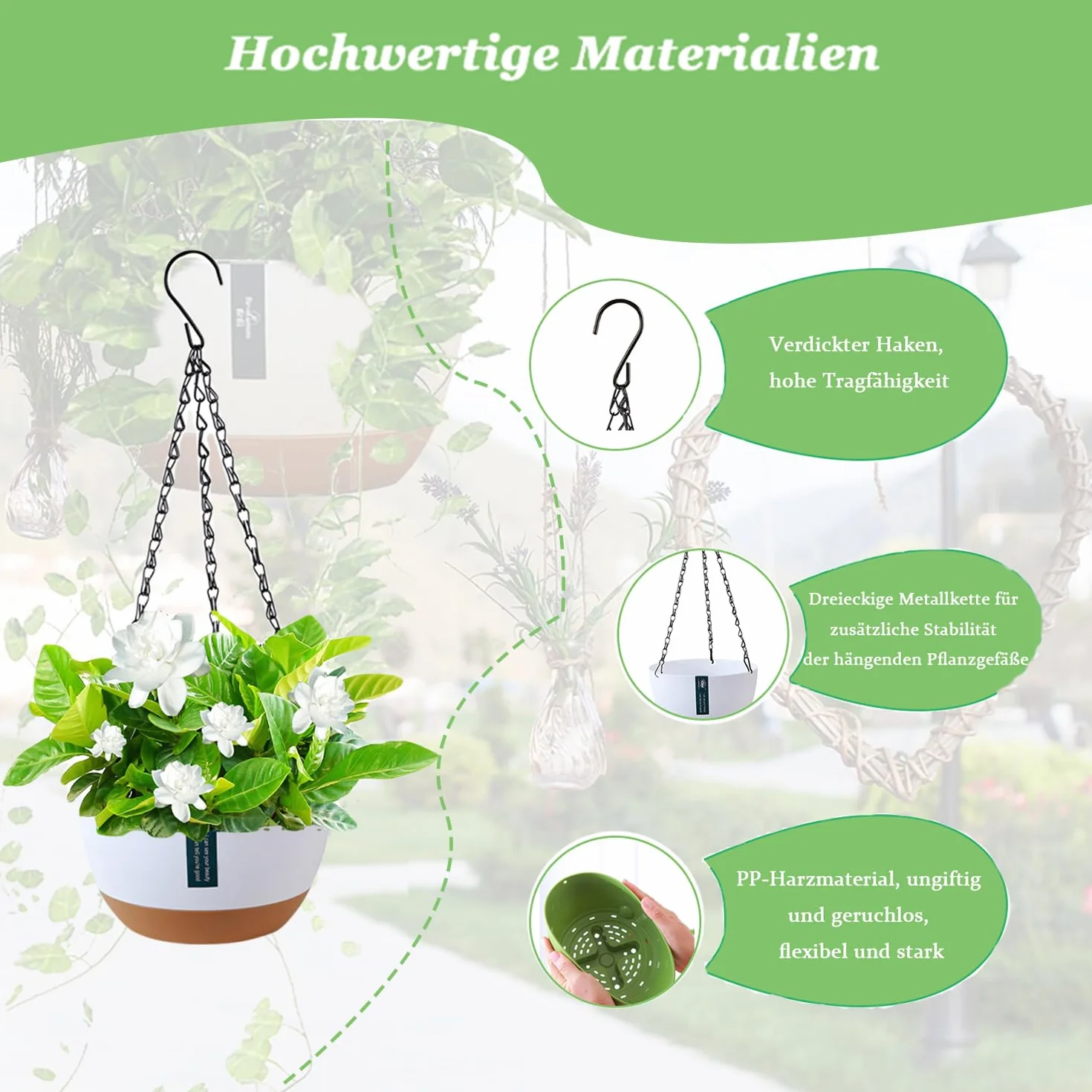 3 sztuki wiszące doniczki, plastikowe doniczki, metalowy łańcuch z haczykiem, zdejmowane wiszące doniczki, wisząca doniczka do wnętrz, wisząca doniczka na zewnątrz, ogród, dekoracja ścienna