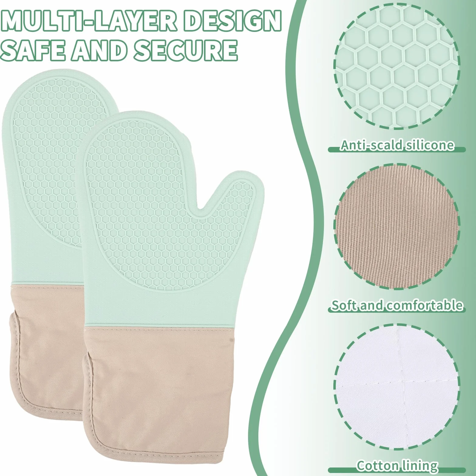 Rękawice do Piekarnika - Ofenhandschuhe Silikon 6er Set – Hitzebeständige Handschuhe in Mintgrün für sicheres Kochen, Backen und Grillen. Mit Baumwolle und Silikon, für optimalen Schutz in der Küche
