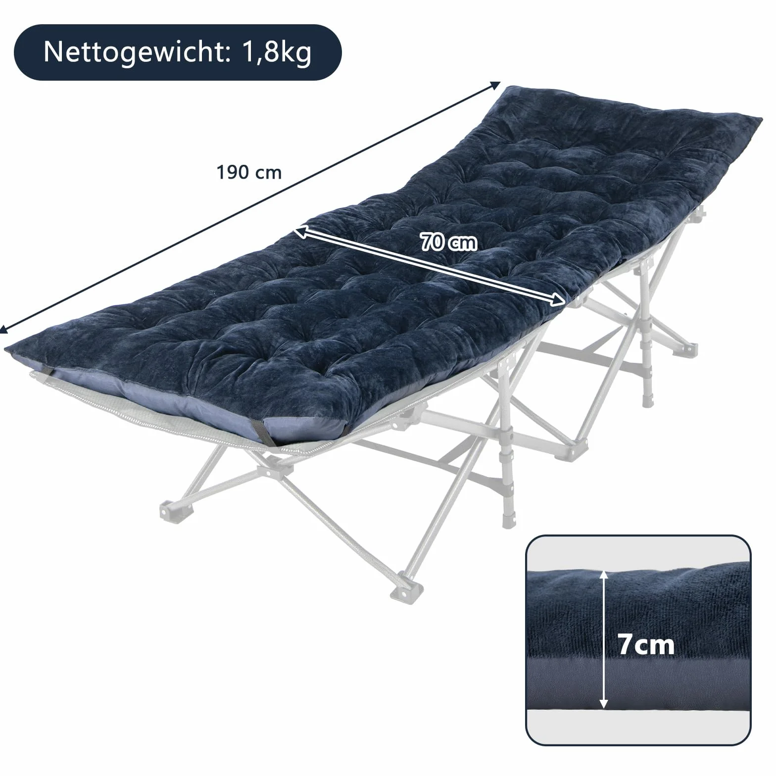 COSTWAY Bawełniana nakładka na łóżko polowe, grubość 7 cm, z 4 taśmami mocującymi, wielofunkcyjna, na łóżko kempingowe, leżak ogrodowy, 190 x 70 cm