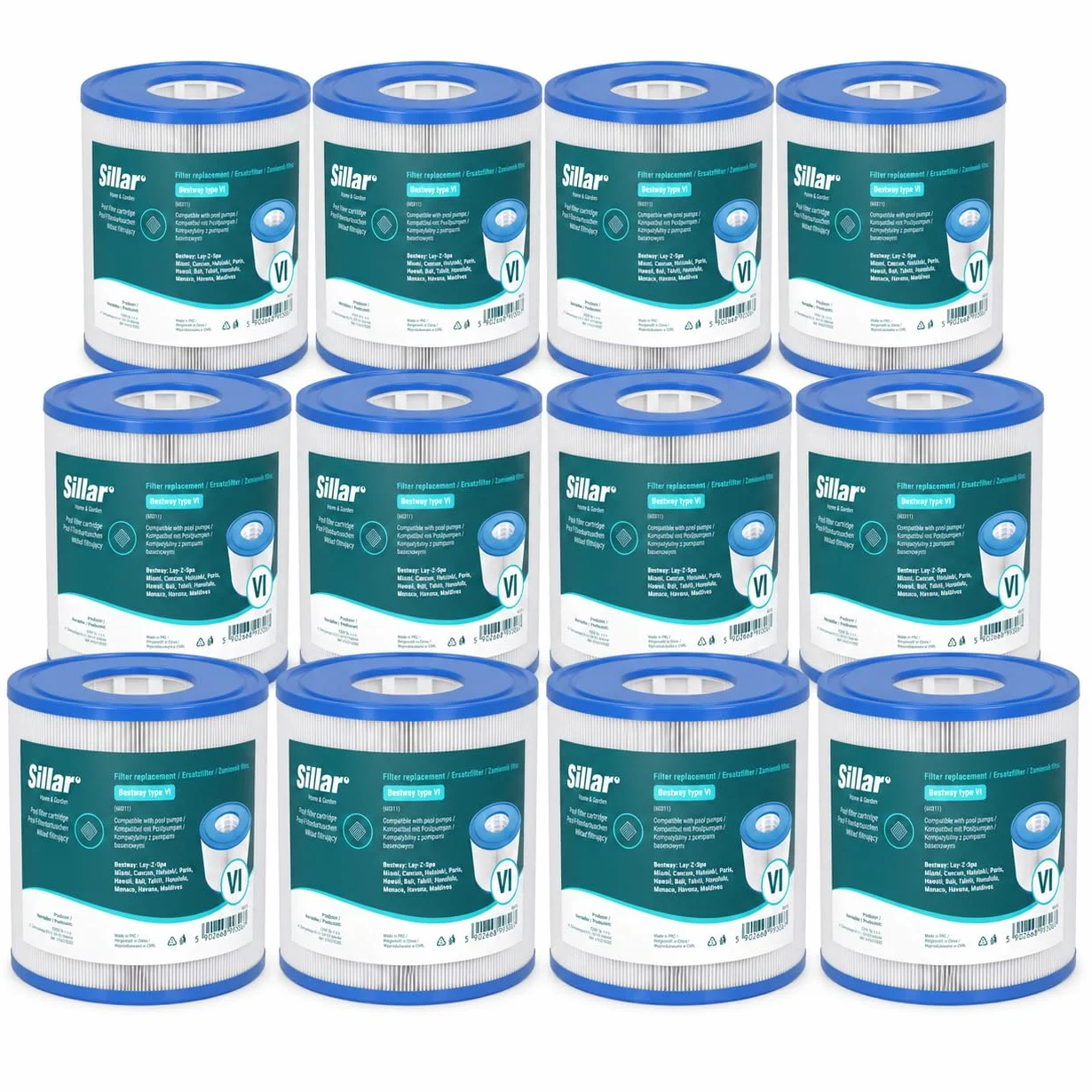 Sillar Filtr Kartuszowy Typ VI Ø 7,9 cm × 10,4 cm – 12 wkładów do pomp Bestway Lay-Z-Spa Miami, Cancun, Helsinki, Paris, Bali, Tahiti, Honolulu