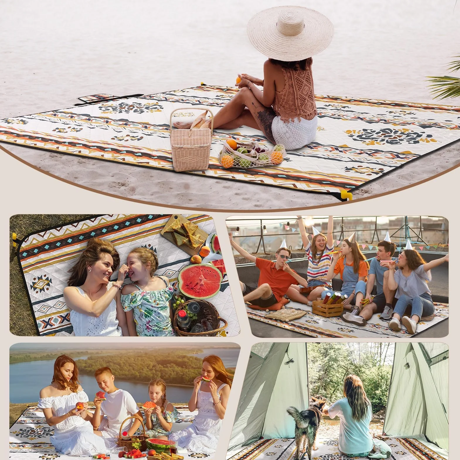 HAUSPROFI Koc piknikowy w stylu boho 200 x 200 cm, wodoszczelny i izolowany – XXL koc outdoorowy na piknik, plażę, do ogrodu. Koc kempingowy wyściełany bawełną, wraz z uchwytem do noszenia i śledziami