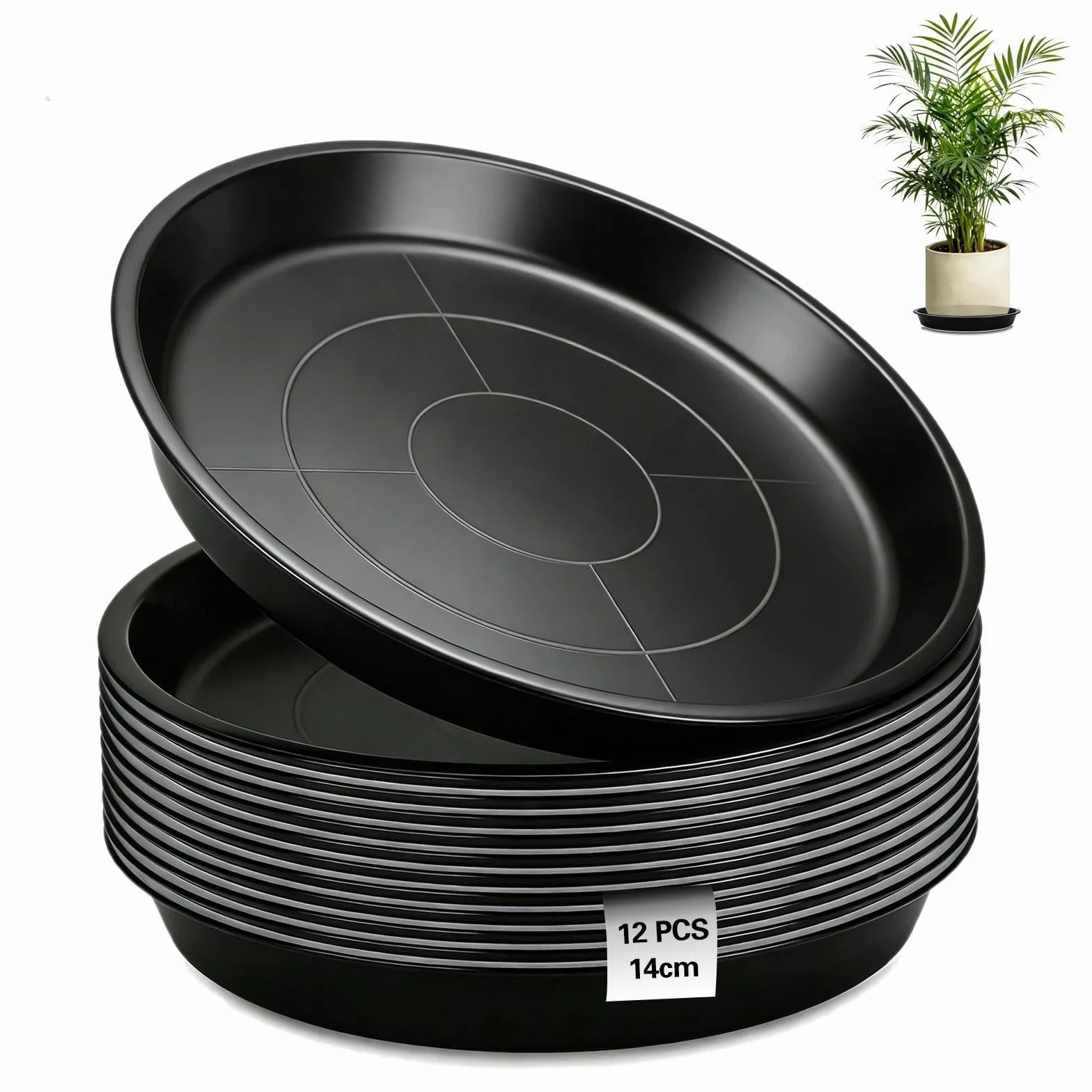 12 szt. okrągłych podstawek pod doniczkę, 14 cm, podstawki pod doniczkę, podstawki na kwiaty, z tworzywa sztucznego, czarne podstawki do roślin, do ogrodu, na balkon, do salonu