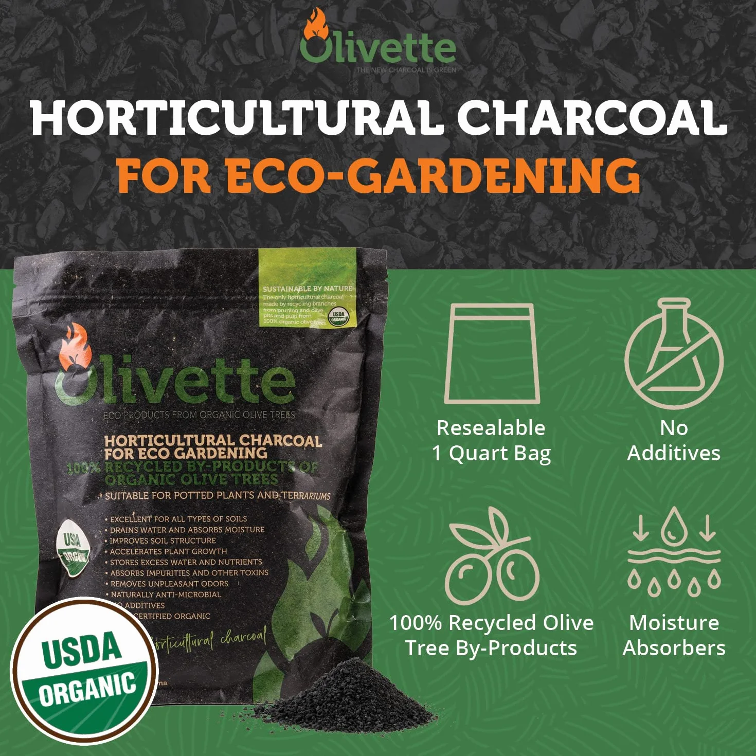 Olivette Ogrodniczy węgiel aktywowany do roślin wg, terrarium ogrodnictwo pochłaniacze wilgoci, materiały terrarium, certyfikat USDA Organic 1 torba
