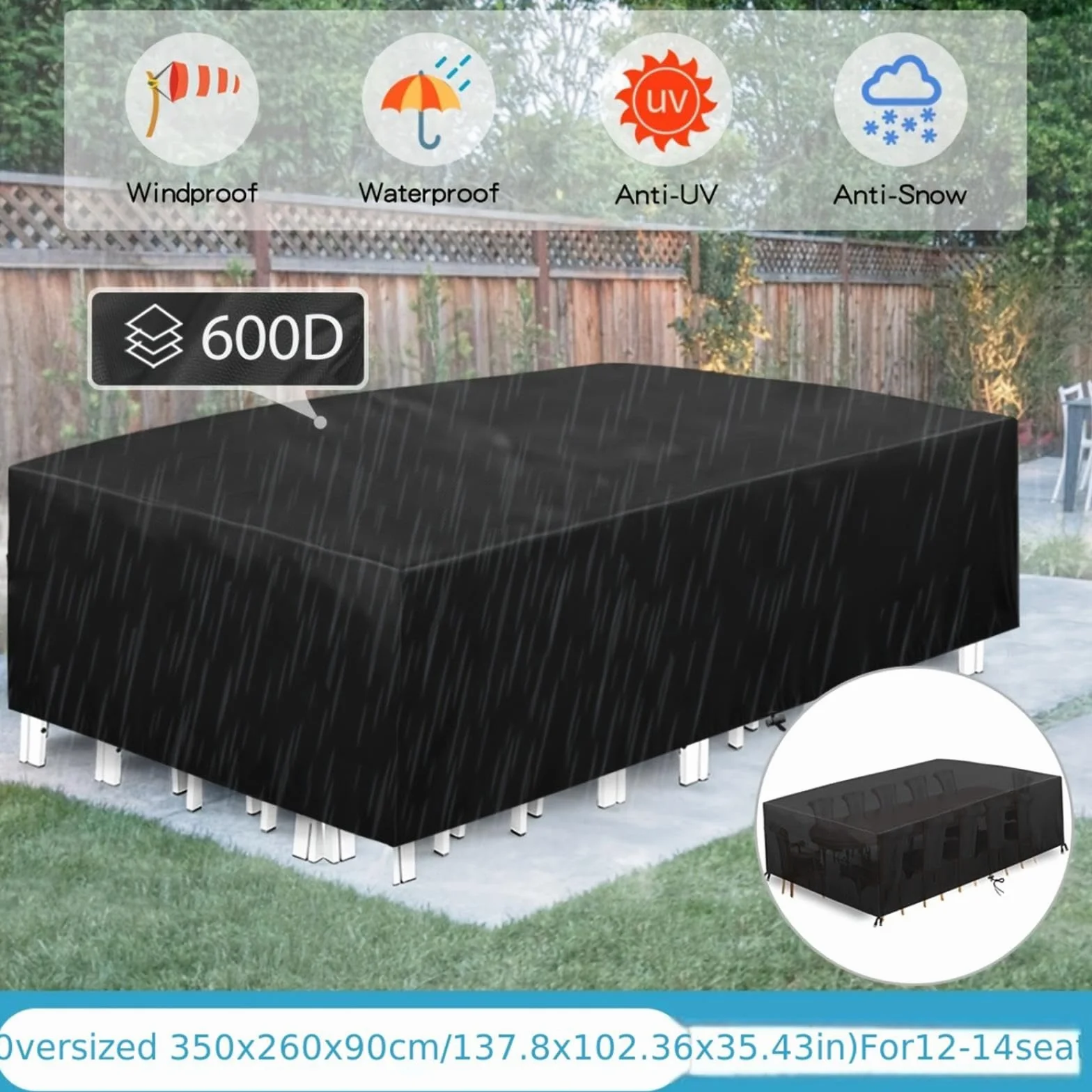 Wodoodporny pokrowiec na meble ogrodowe 250 x 200 x 100 cm wytrzymała tkanina ripstop ochrona przed promieniowaniem UV odporny na wiatr odporny na zimno bezpieczne paski blokujące ochrona stołu i