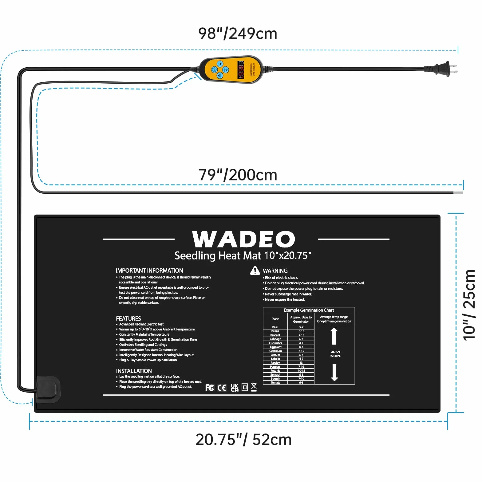 WADEO Mata grzewcza dla roślin 52 x 25 cm, mata grzewcza dla sadzonek z termostatem od 5°C do 45°C, wodoszczelna mata grzewcza do szklarni, mata grzewcza do kiełkowania sadzonek