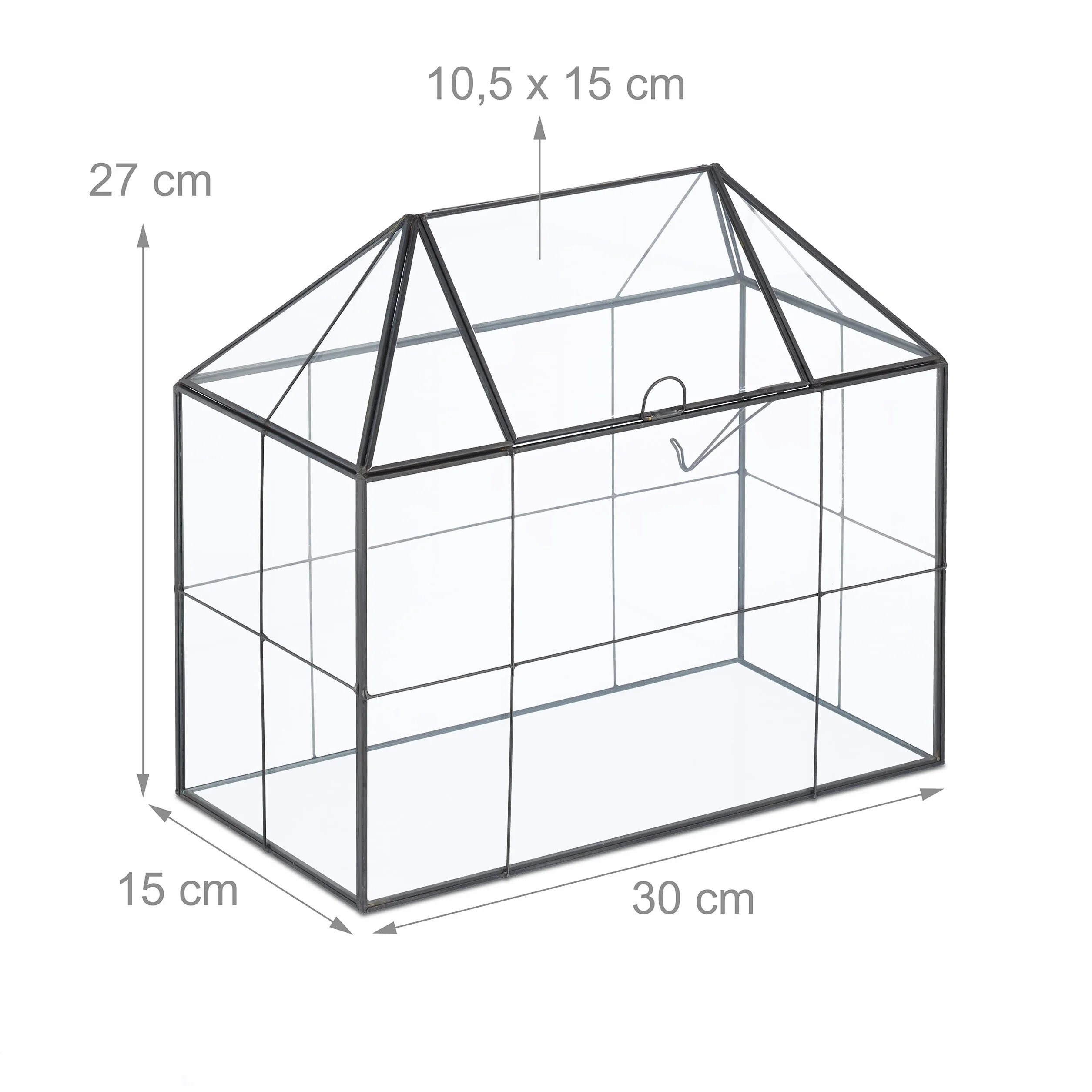 Relaxdays Terrarium roślinne, szkło i miedź, 27 x 30 x 15 cm, dekoracyjny szklany domek kaktusy i mech, szklana skrzynka na parapet, czarna