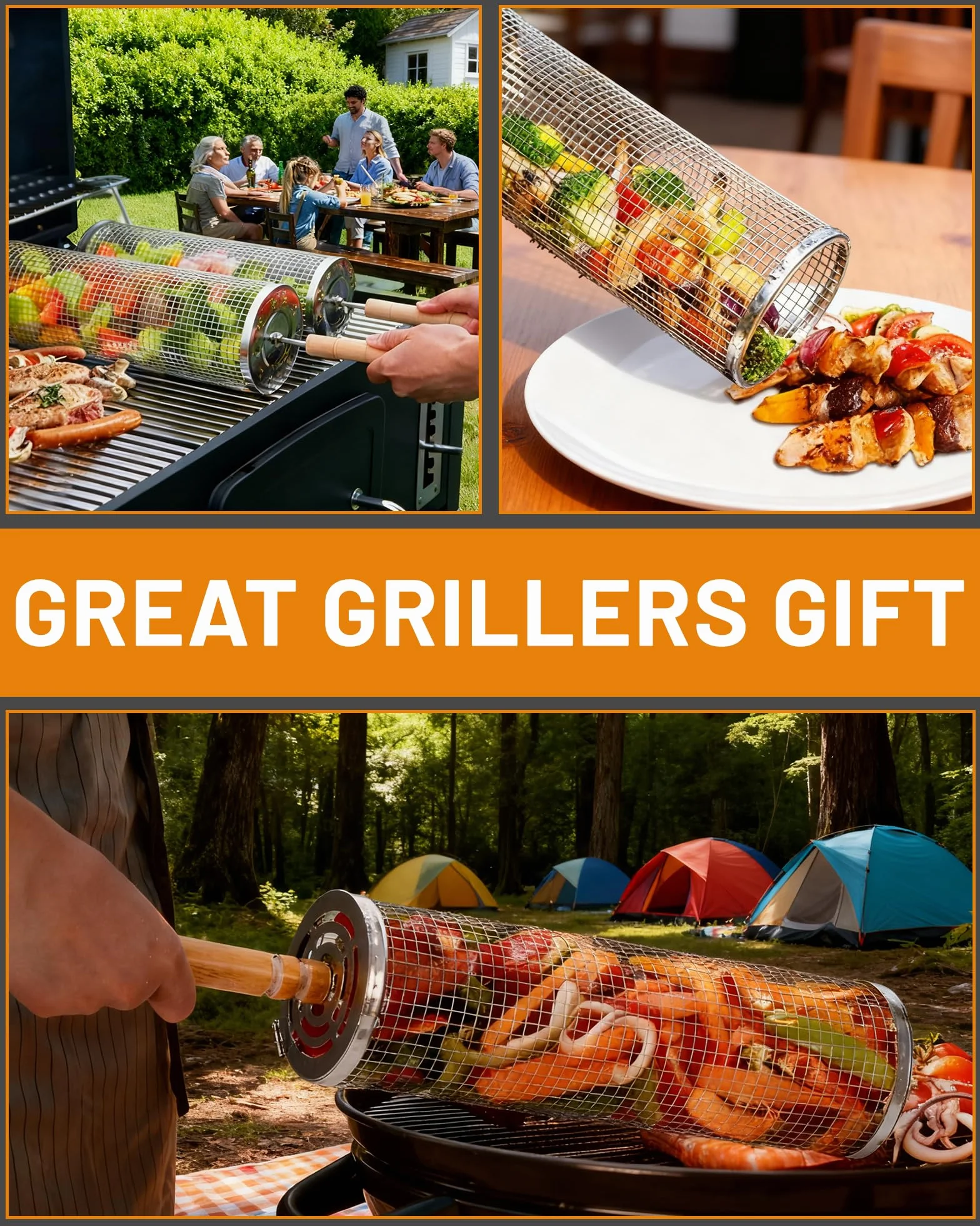 2-szt Rolling Grilling Kosz z drewnianym uchwytem a30×10cm mih29×9cm Nesting Rolling Grilling Kosz Zestaw do grillowania zewnętrznego