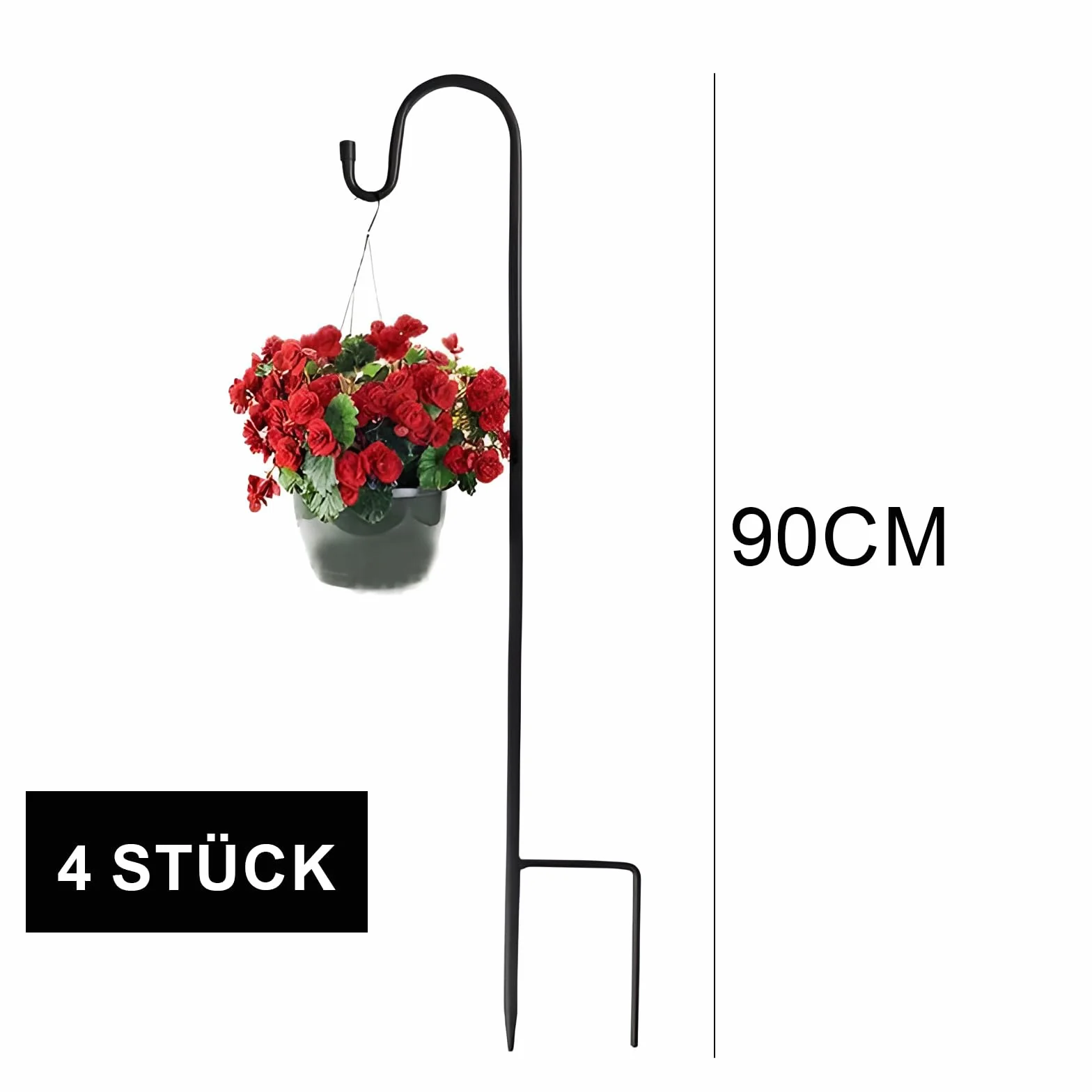 ACONDE Garden Haczyki pasterskie z ochroną przed rdzą do użytku na zewnątrz – 4 sztuki, 90 cm, metalowy kij pasterski z haczykami – dekoracja podwórka, słupek na latarnie do wiszących małych koszy na