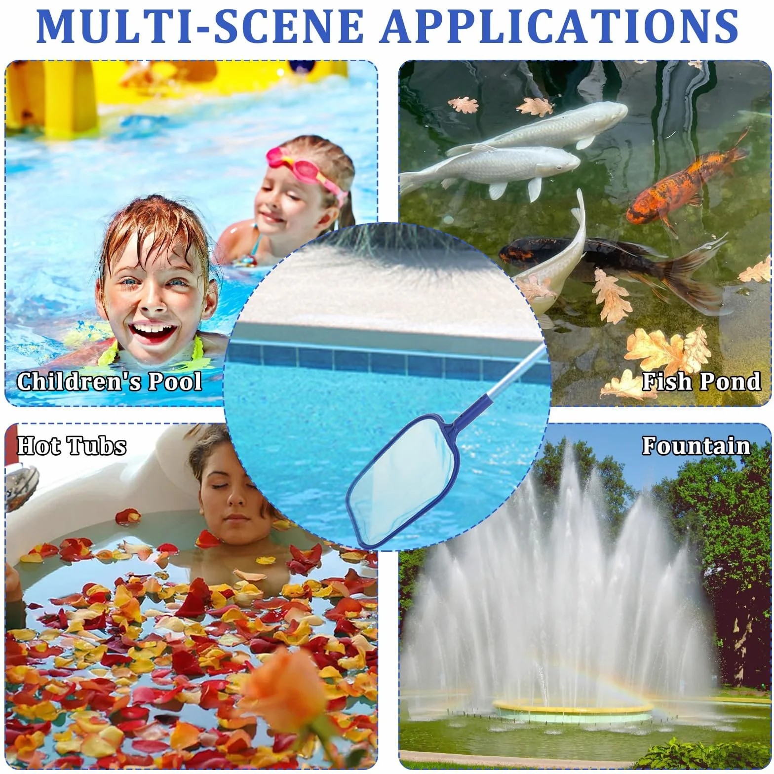 Podbierak do basenu z drążkiem teleskopowym (160 cm) | siatka aluminiowa o drobnych oczkach do oczka wodnego / jacuzzi | 5-częściowy regulowany słup z siatką 30 x 30 cm