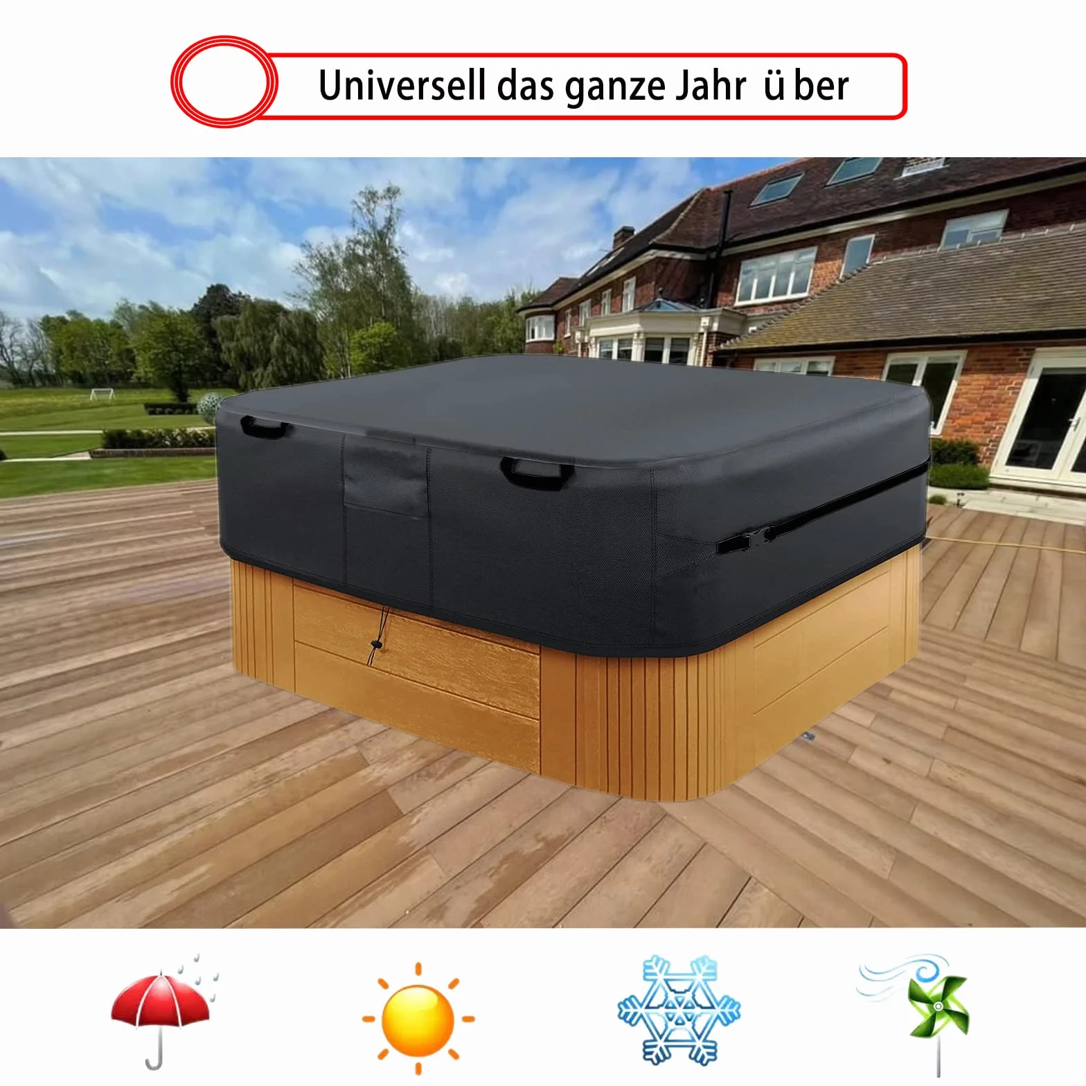 Plandeka do hydromasażu, wodoszczelna, 600D, Hot Tub Cover, osłona SPA, plandeka okryciowa z hydromasażem, ochrona przed wiatrem, promieniowaniem UV, czarna (230 x 230 x 85 cm)